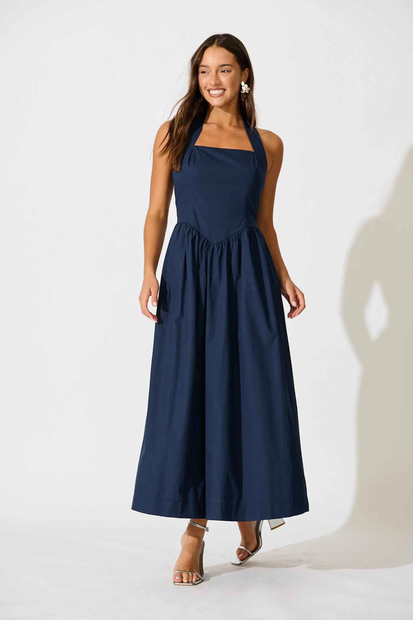 Lanna Halter Neck Maxi Dress in Navy Cotton - Image 2