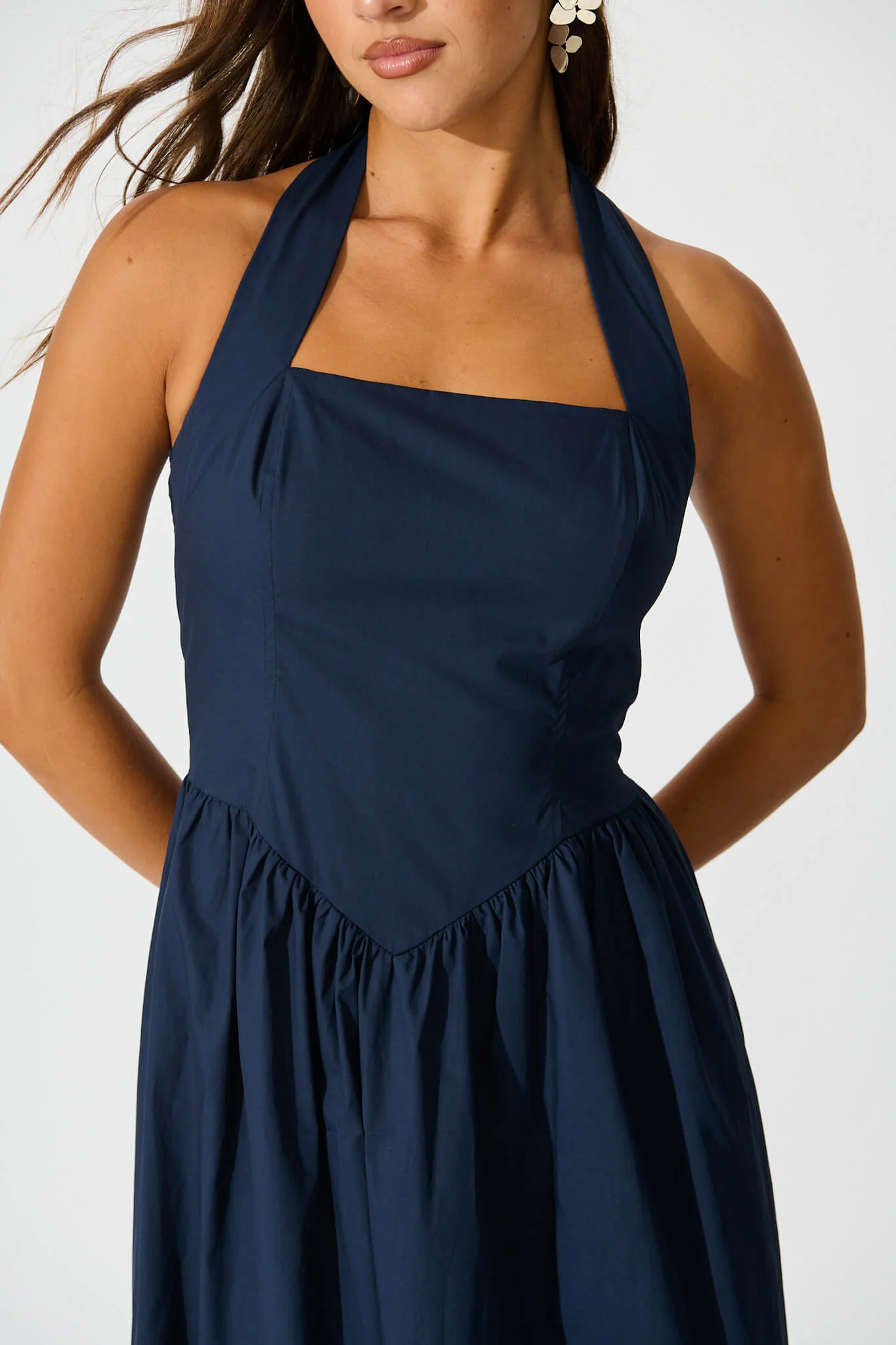 Lanna Halter Neck Maxi Dress in Navy Cotton - Image 9