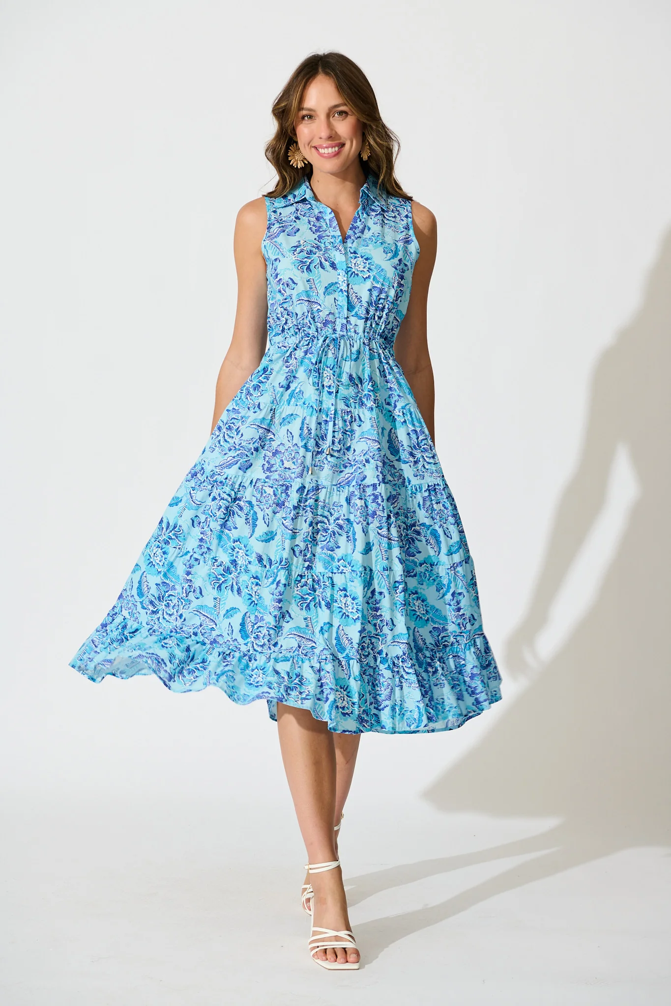 Larah Midi Dress in Blue Floral Cotton