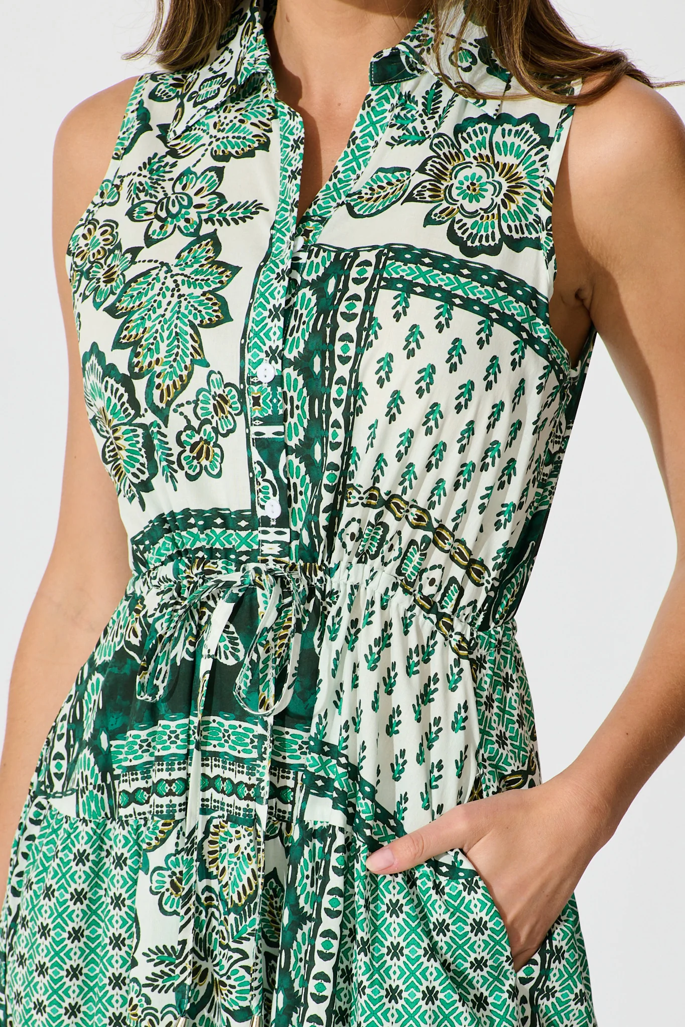 Larah Midi Dress in Green and White Patchwork Cotton - Image 5