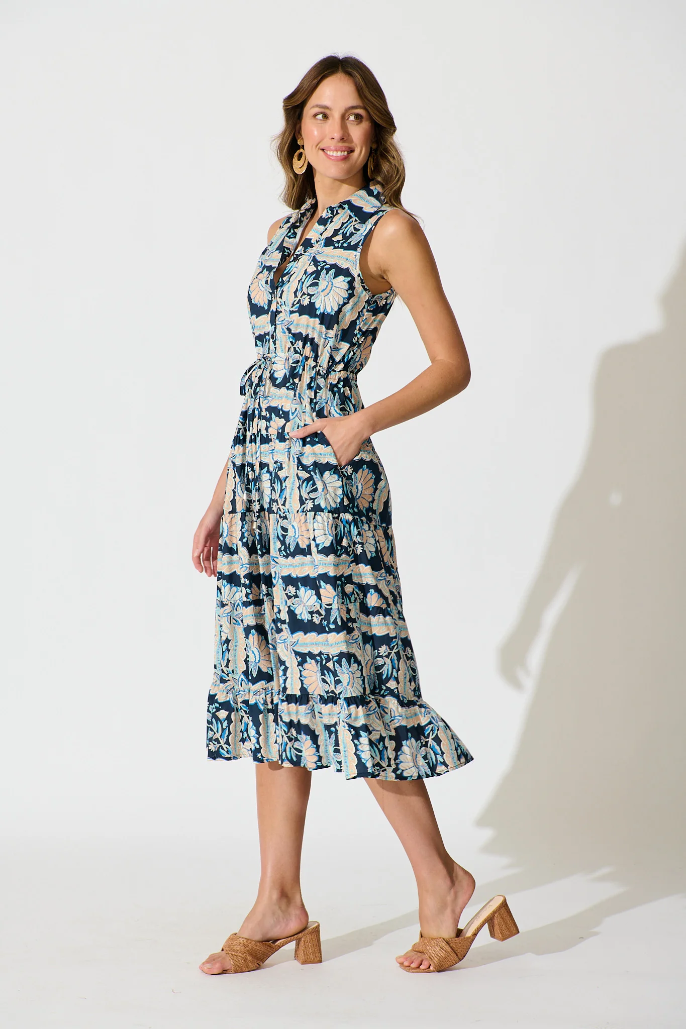 Larah Midi Dress in Navy Multi Floral Cotton - Image 3