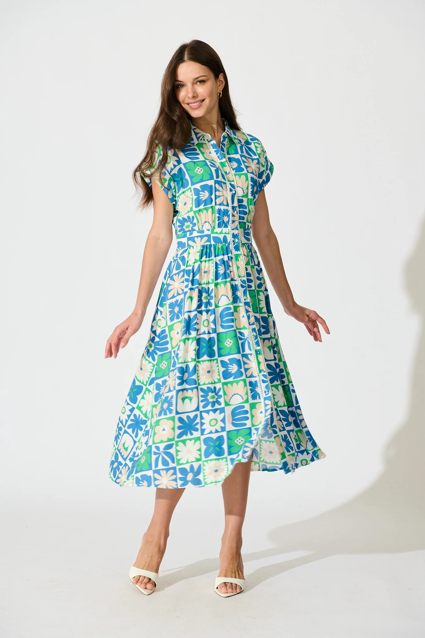 Lassie Midi Shirt Dress in Blue with White Patchwork Floral
