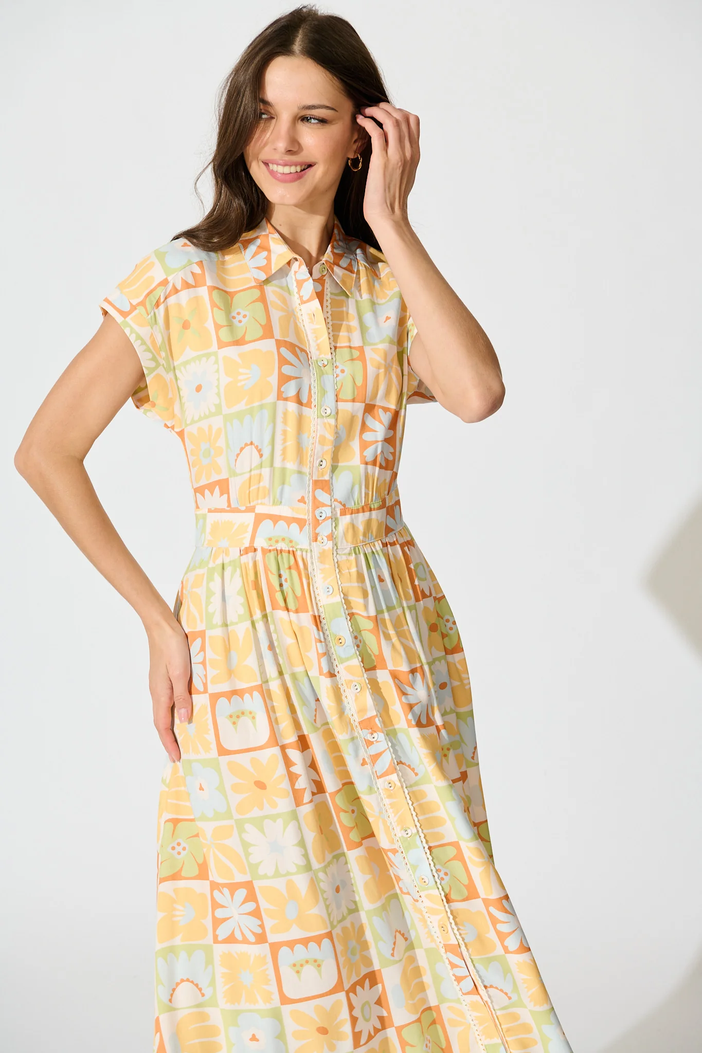 Lassie Midi Shirt Dress in Sage with Rust Patchwork Floral - Image 2
