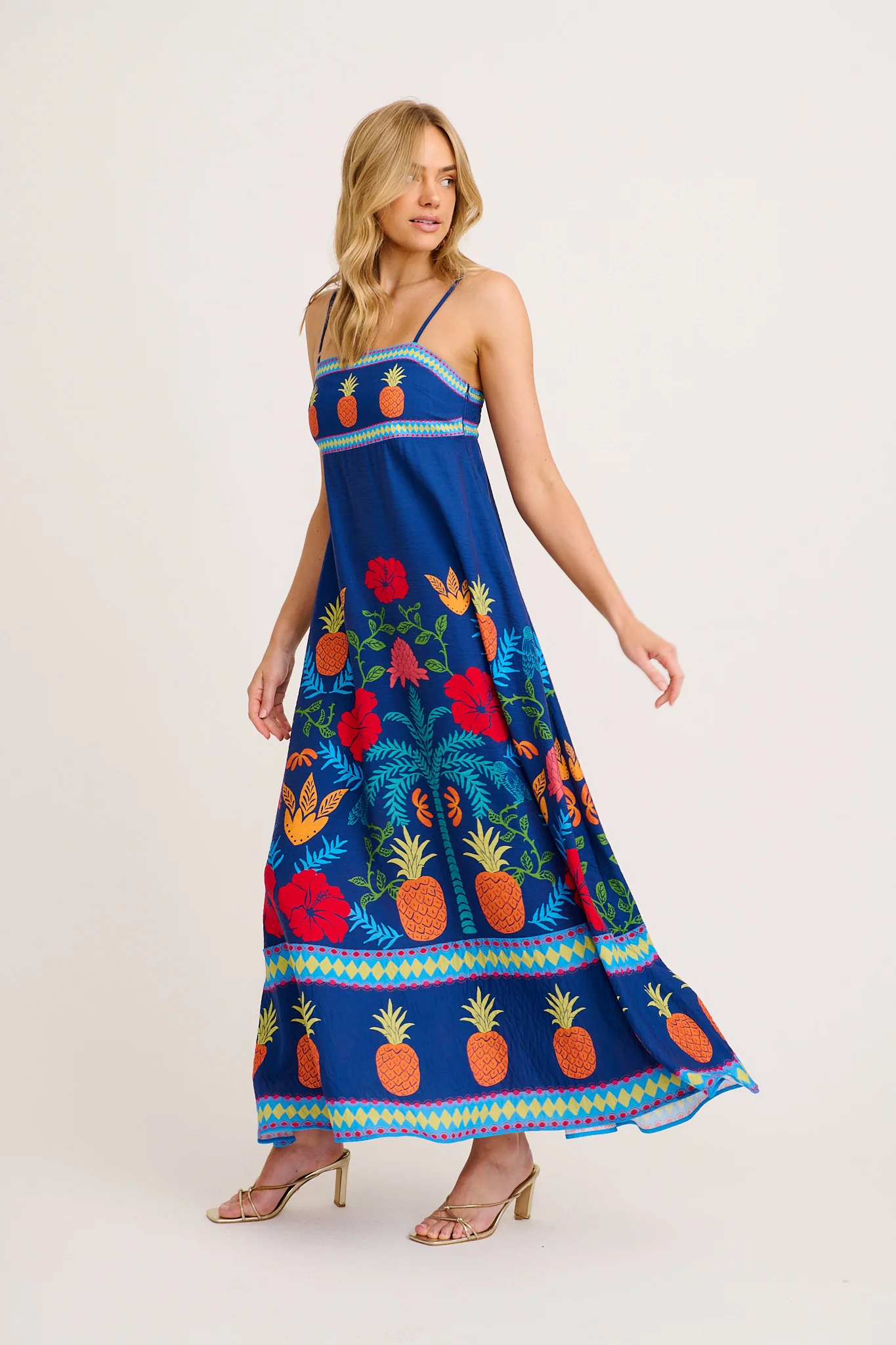 Lavara Maxi Sundress in Navy Multi Tropical Linen Blend - Image 3