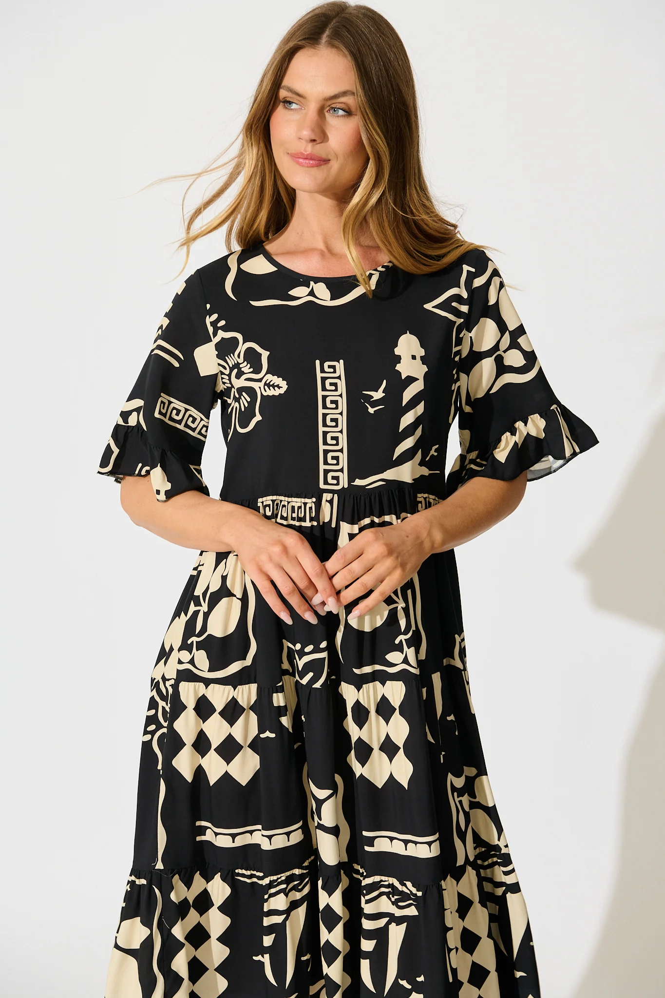 Layana Midi Dress in Black with White Print - Image 2