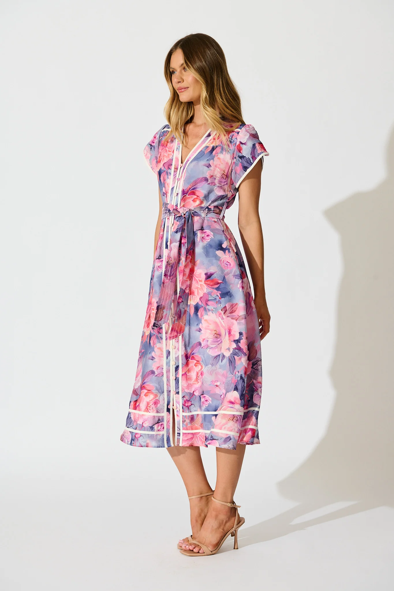 Laylah Midi Dress in Blue with Pink Floral Cotton - Image 3