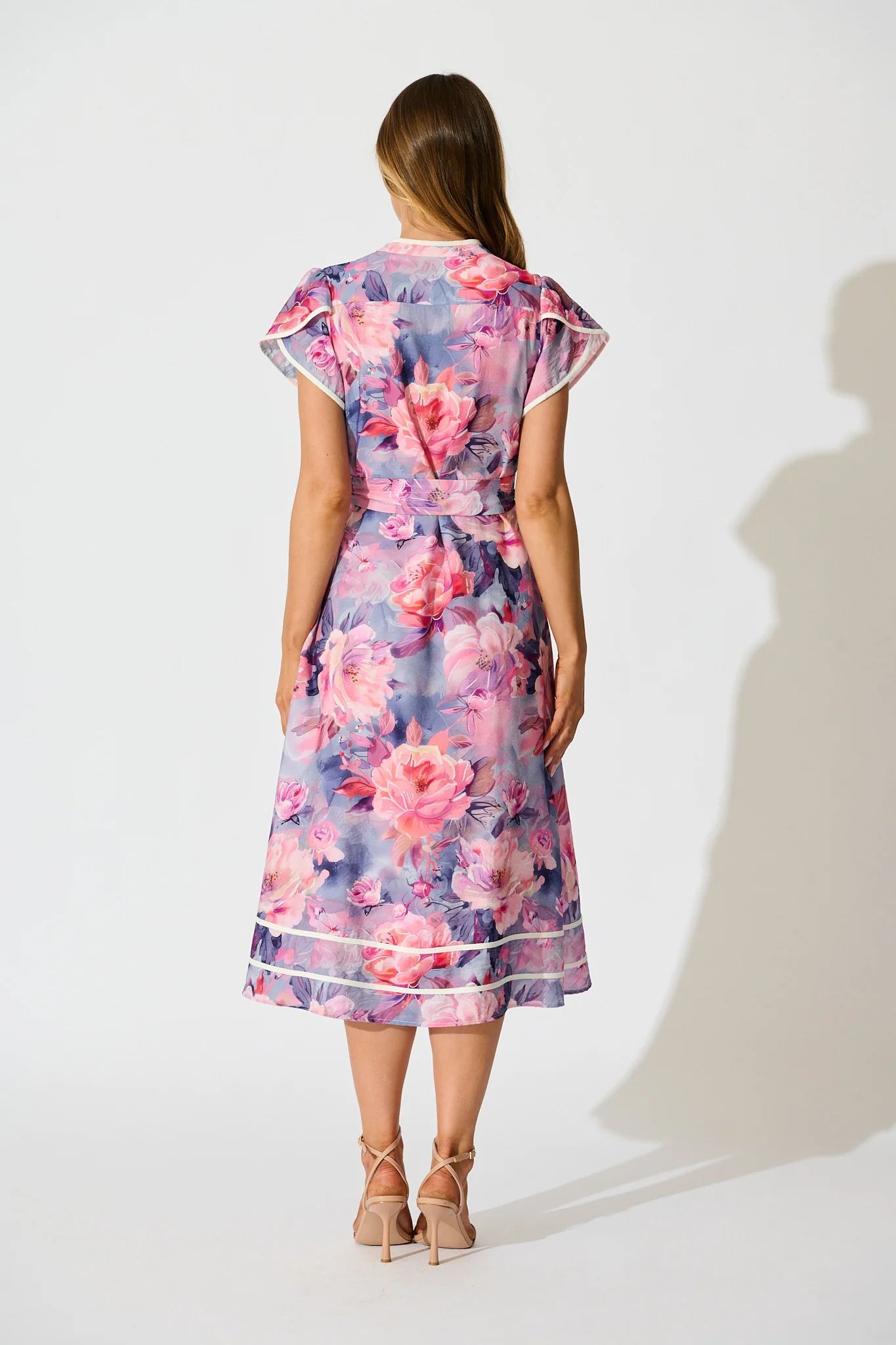 Laylah Midi Dress in Blue with Pink Floral Cotton - Image 4