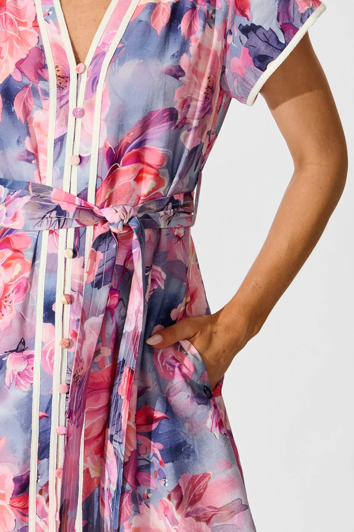Laylah Midi Dress in Blue with Pink Floral Cotton - Image 5