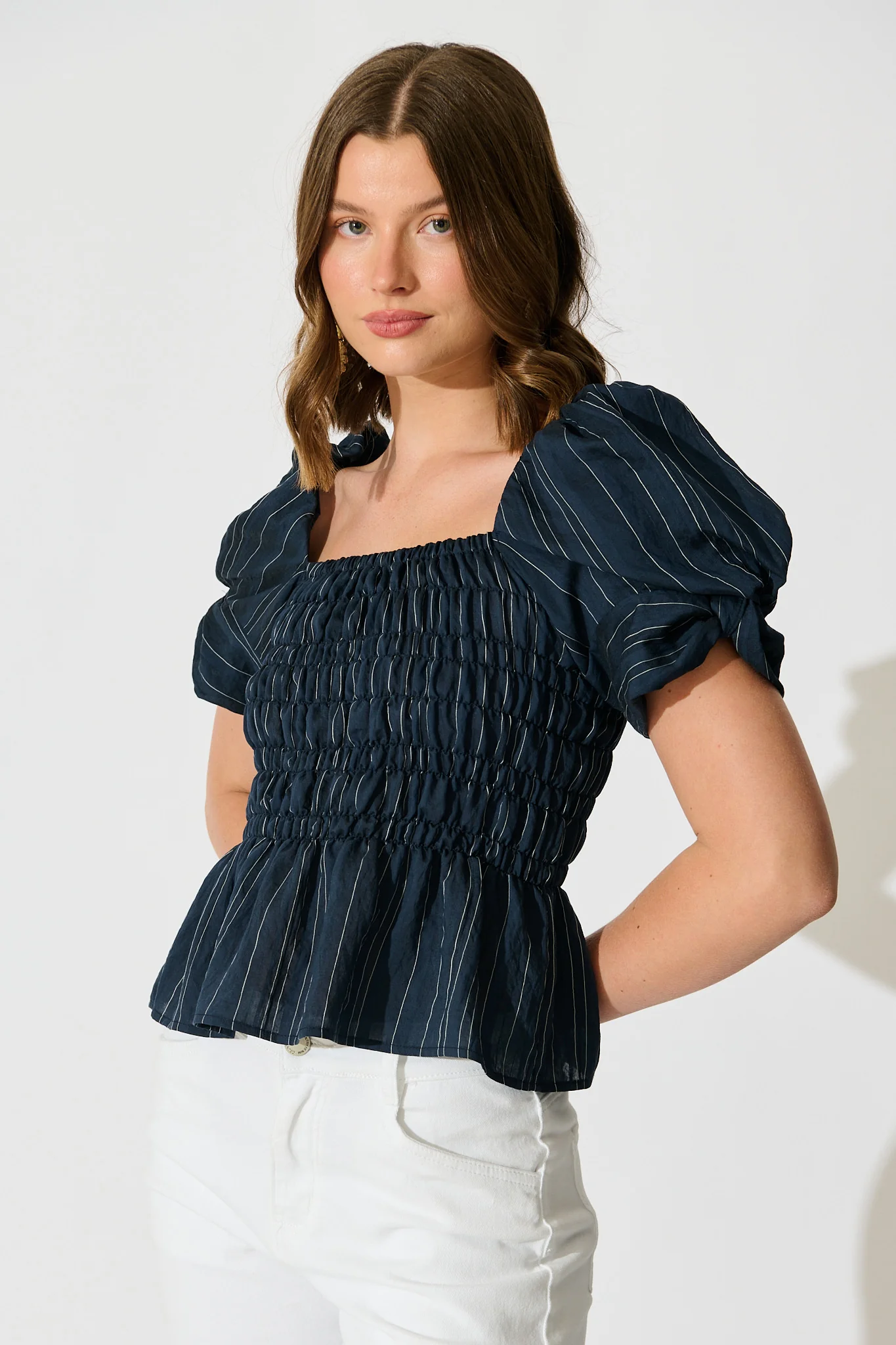 Layne Shirred Top in Navy with White Stripe - Image 2