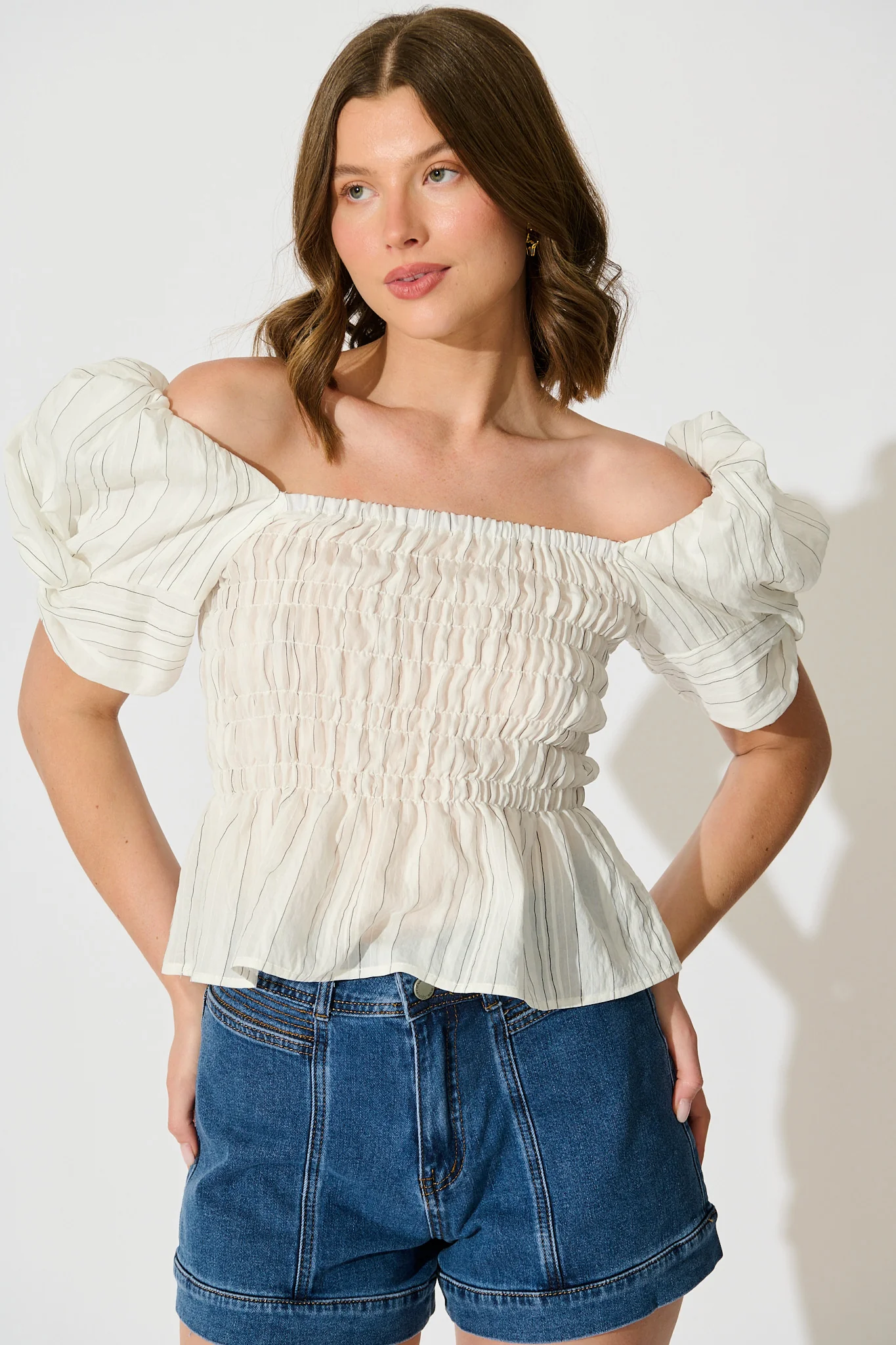 Layne Shirred Top in White with Black Stripe - Image 2