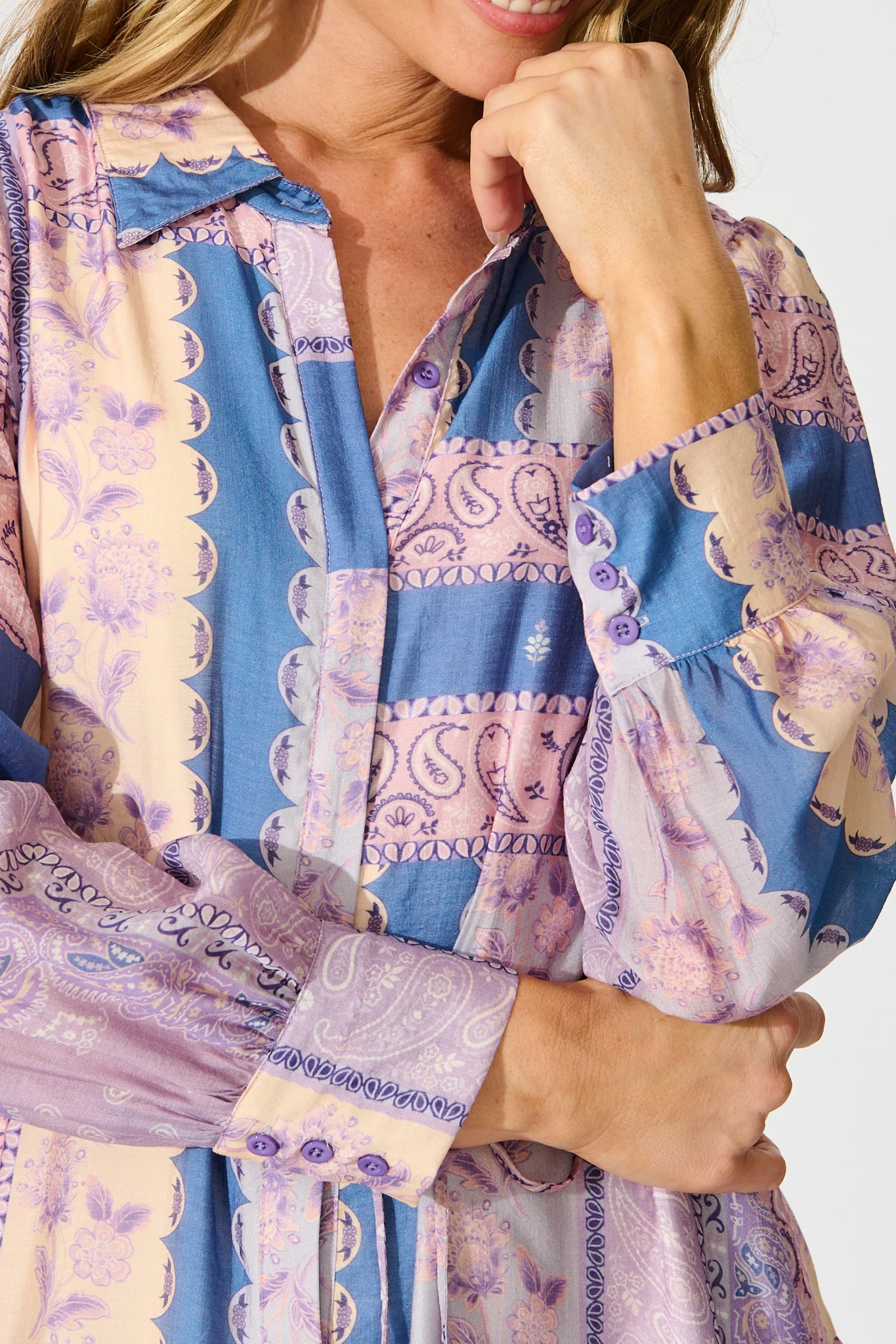 Layton Maxi Shirt Dress in Lilac and Blue Patchwork - Image 5
