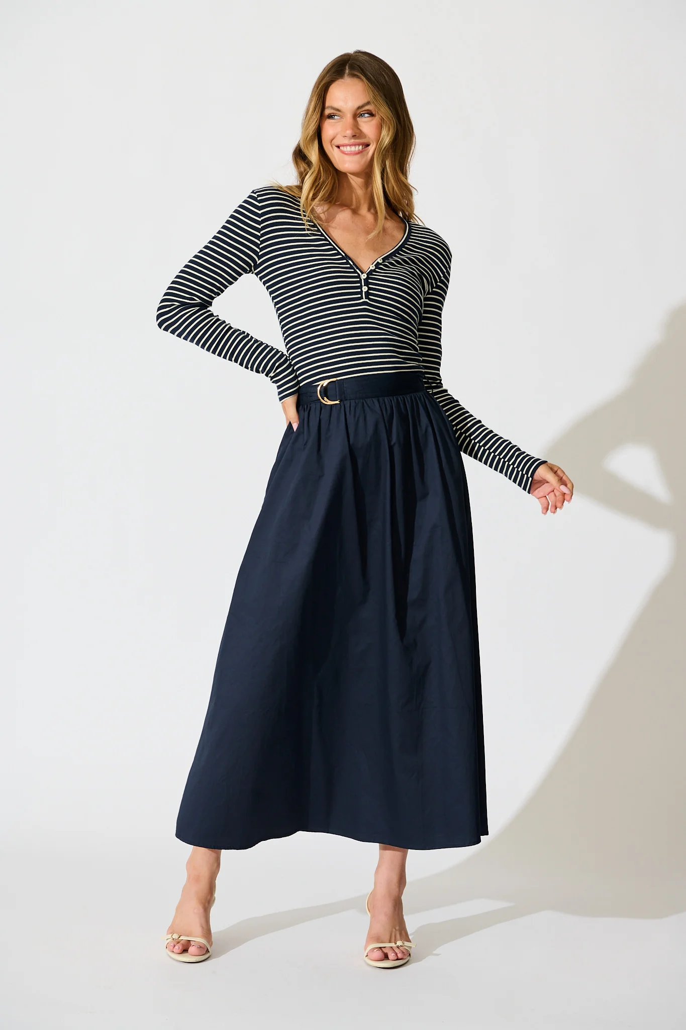Leighton Top in Navy with Cream Stripe Cotton Blend - Image 4
