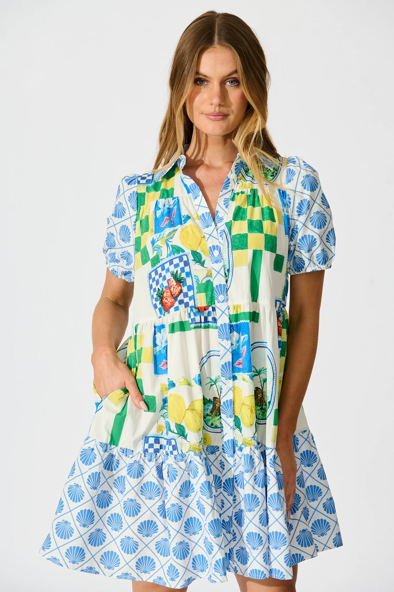 Lemon Kissed Shirt Dress in White Multi Lemon Cotton - Image 2