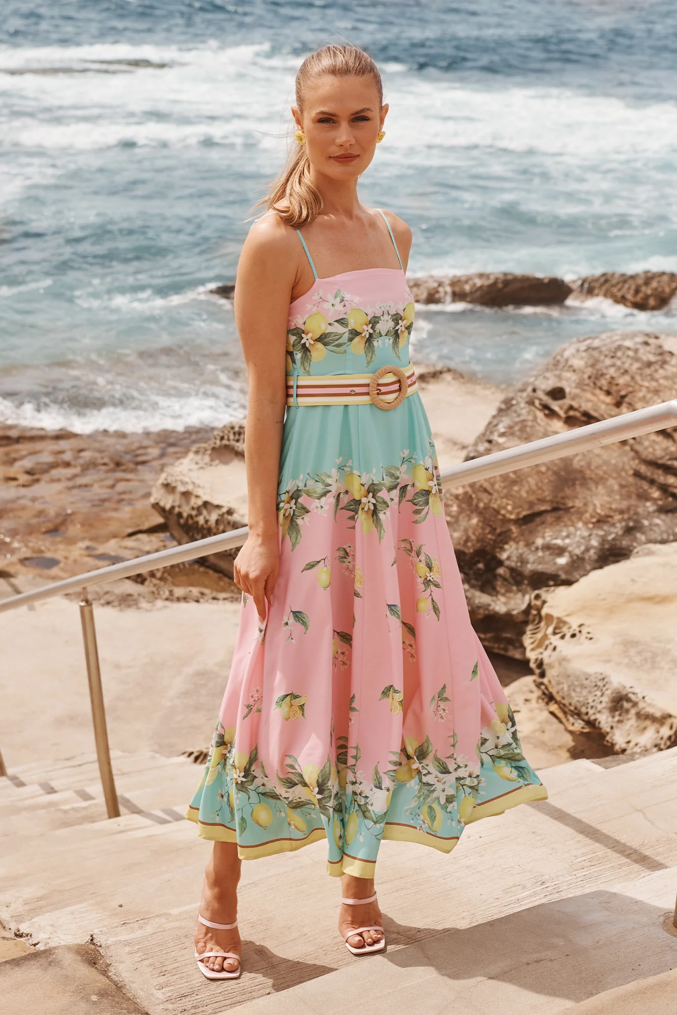 Lemon Whisper Long Sundress in Pink with Lemon Linen Blend - Image 4