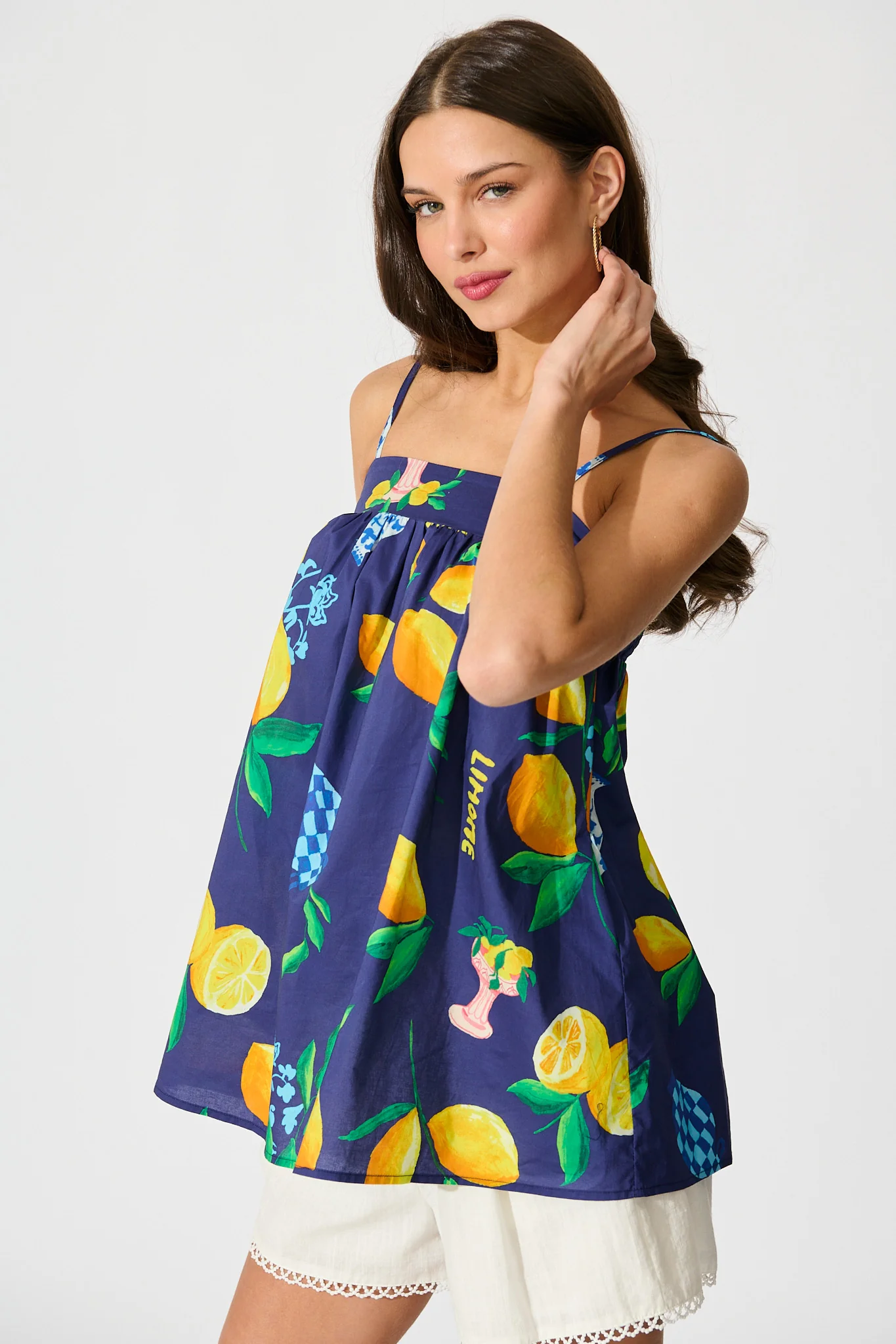 Lemon Zest Top in Navy with Lemon Print Cotton - Image 2