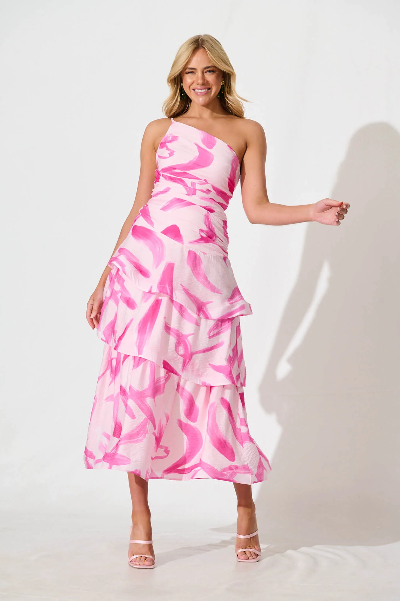 Lena One Shoulder Maxi Dress in Blush with Fuchsia Organza - Image 2