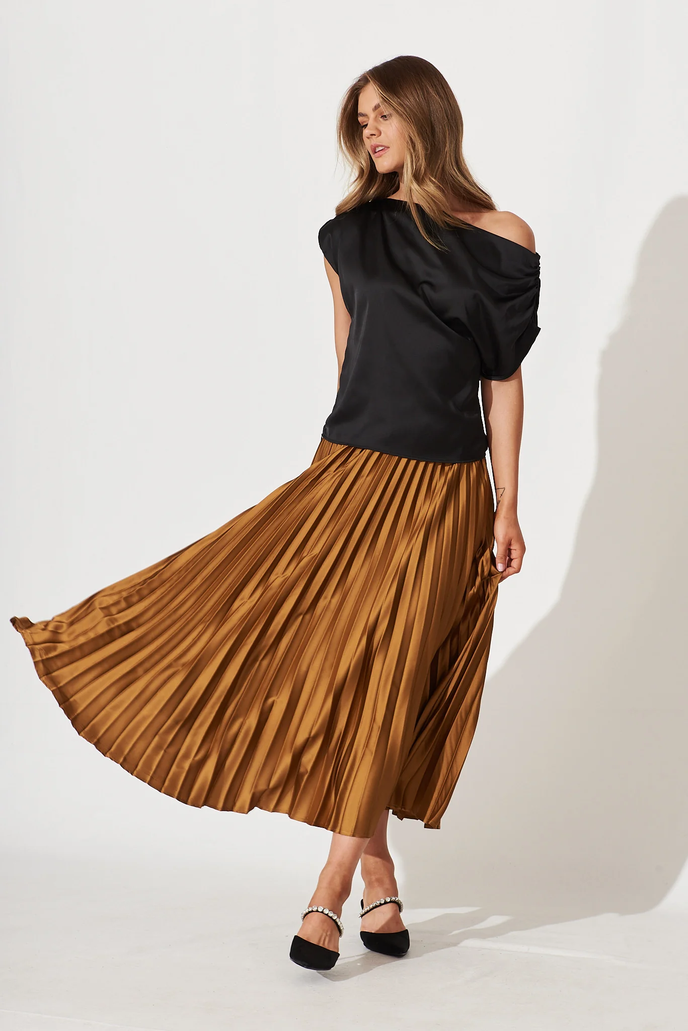 Liana Off Shoulder Top In Black Satin - Image 7