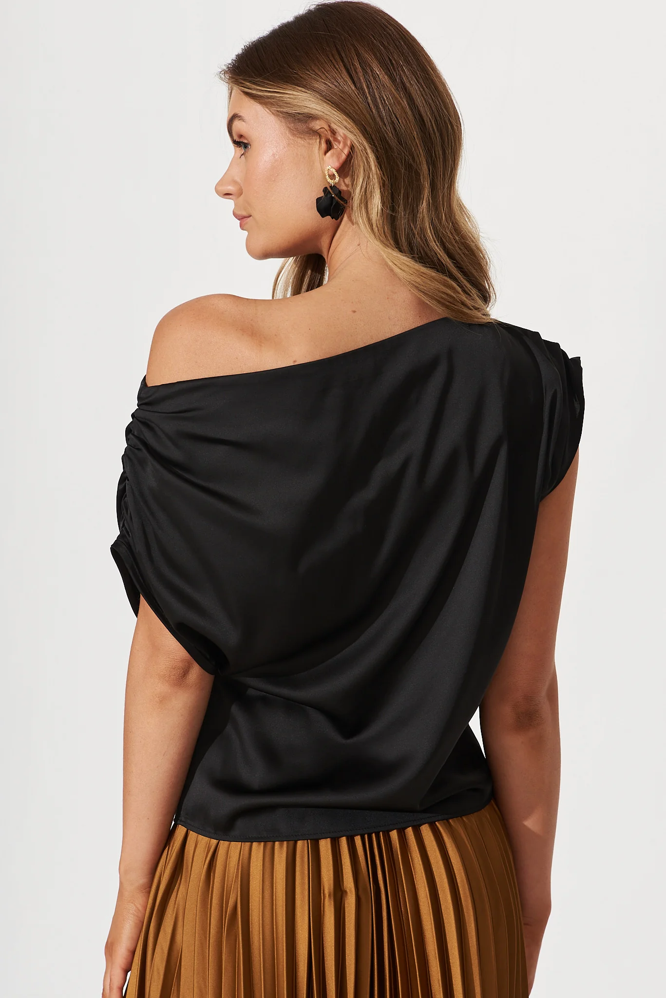 Liana Off Shoulder Top In Black Satin - Image 9