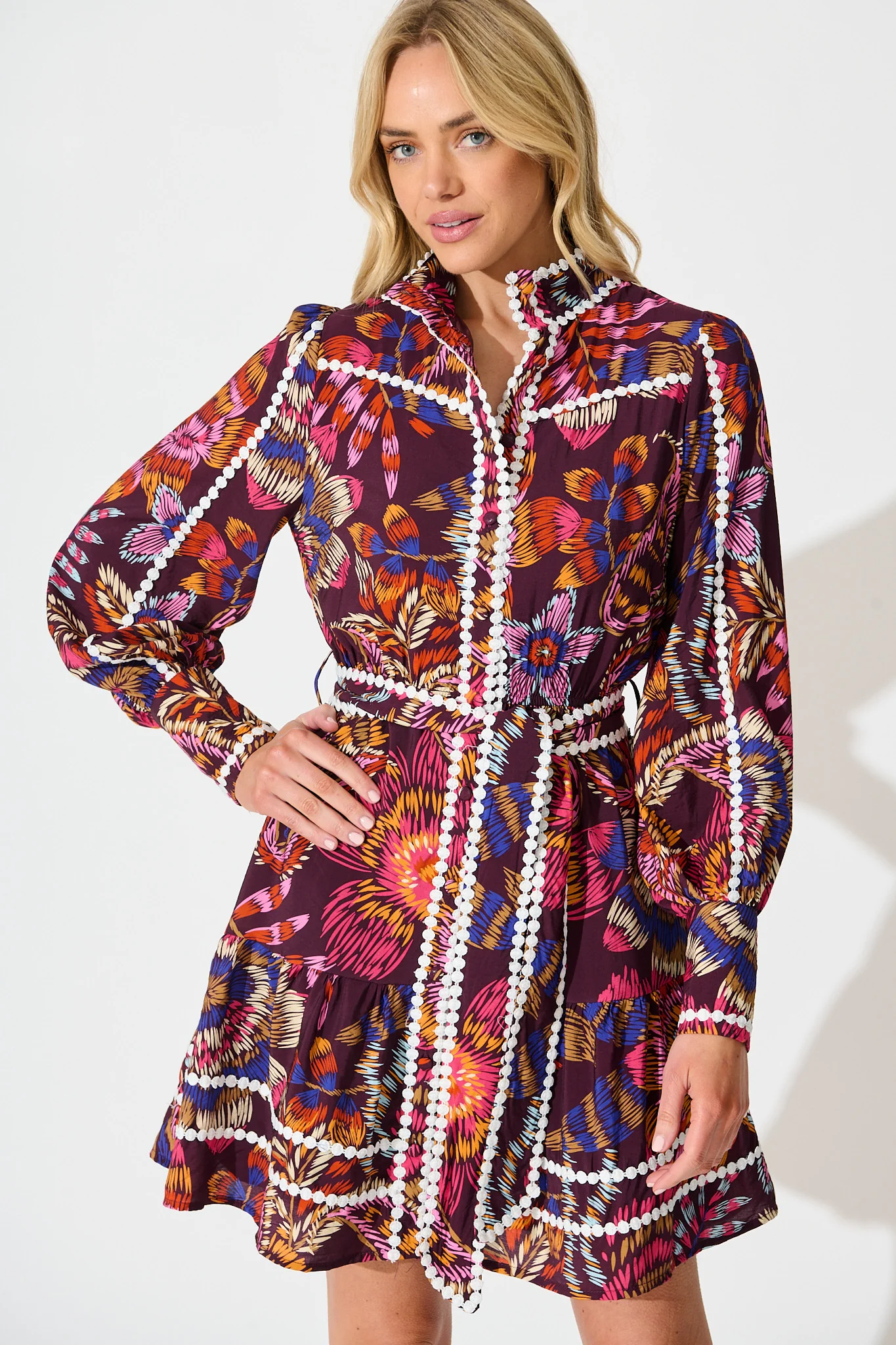 Liberty Dress in Multi Wine Floral with Contrast Trim - Image 2