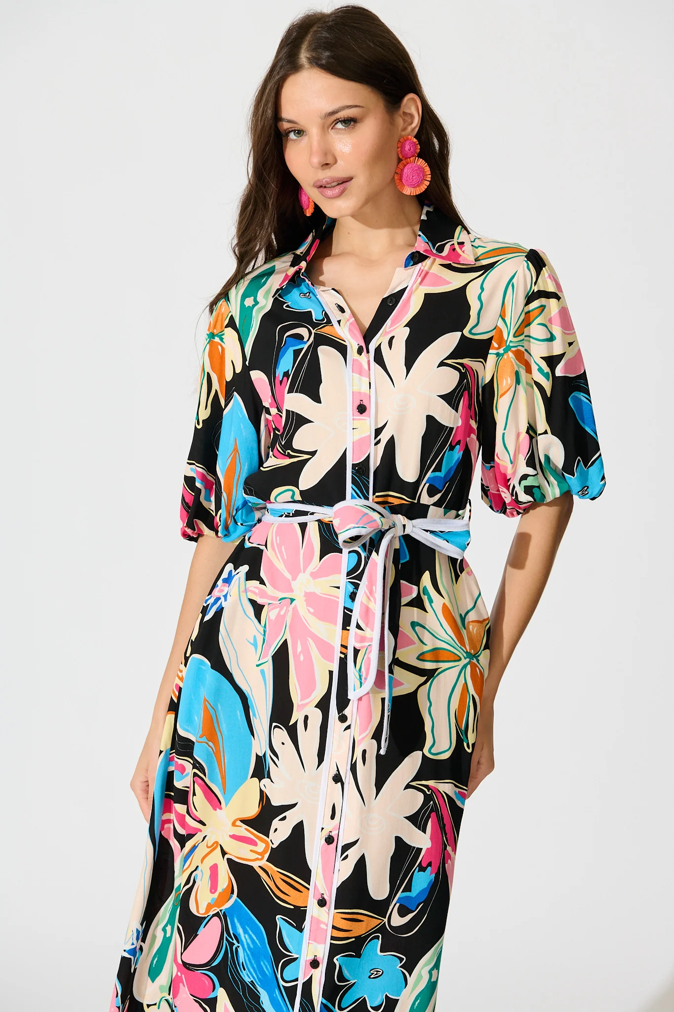 Libra Midi Shirt Dress in Black Multi Floral - Image 2