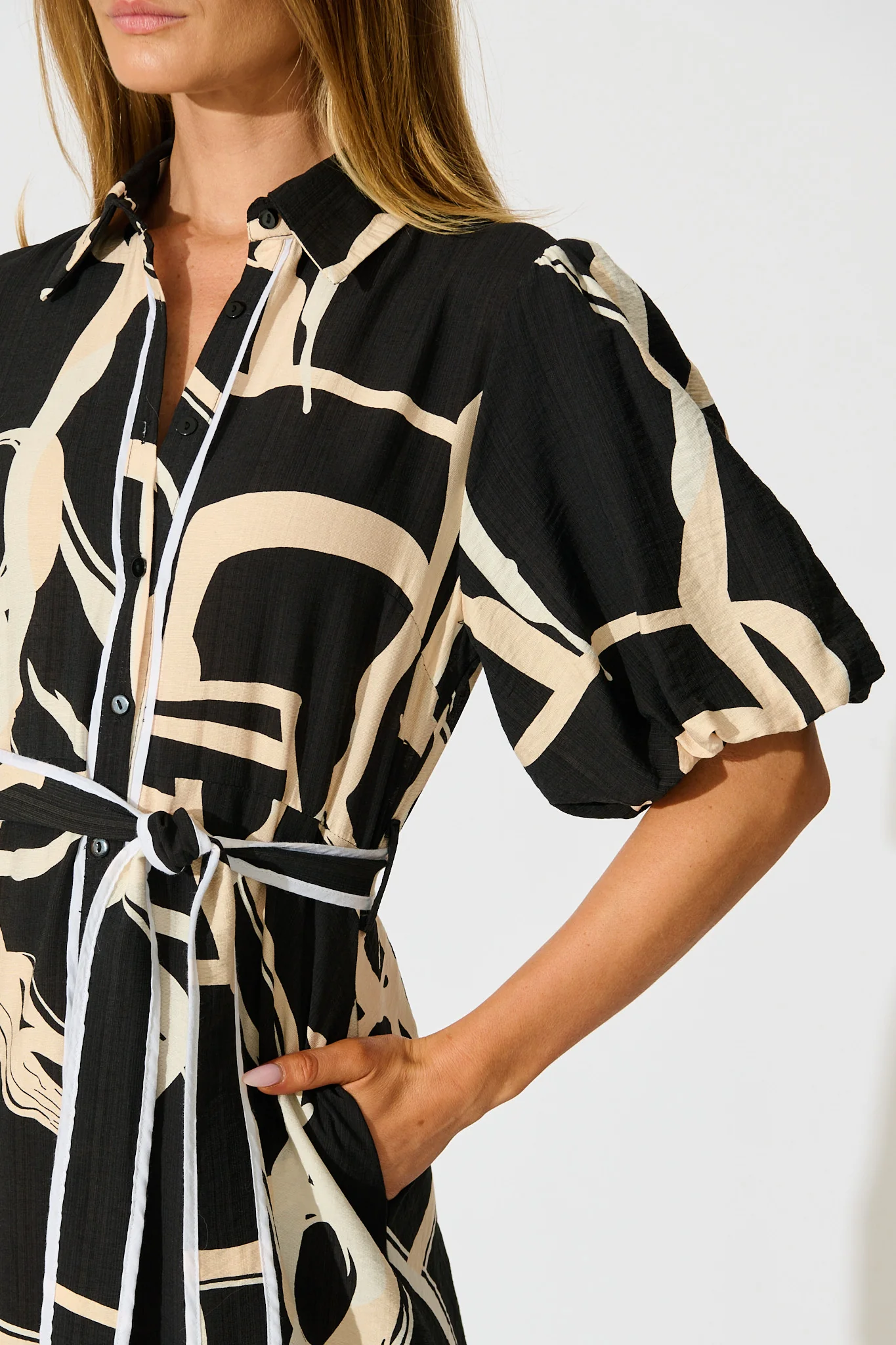 Libra Midi Shirt Dress in Black with Cream Swirl Print Linen Blend - Image 5