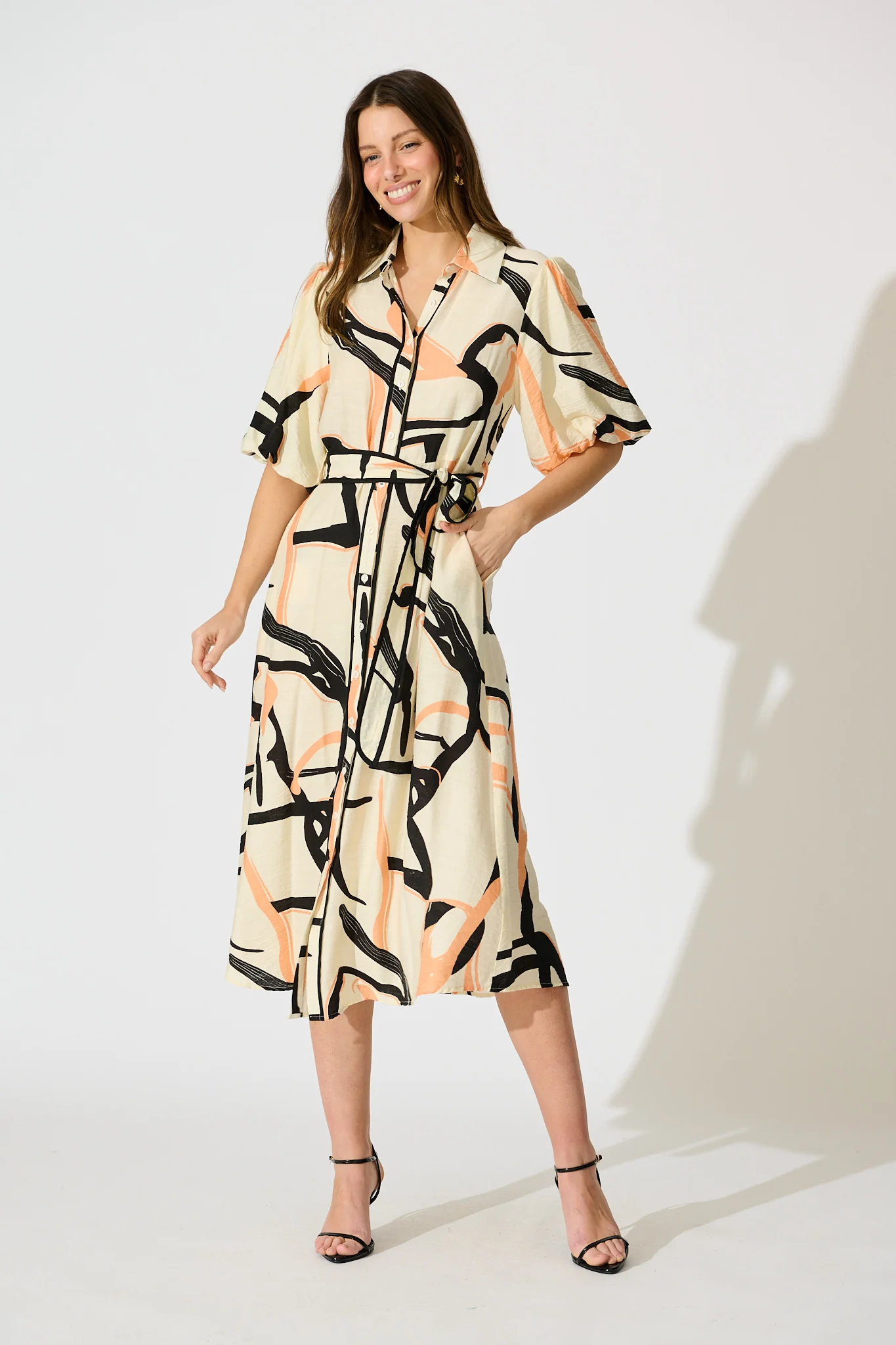 Libra Midi Shirt Dress in Cream with Orange Print