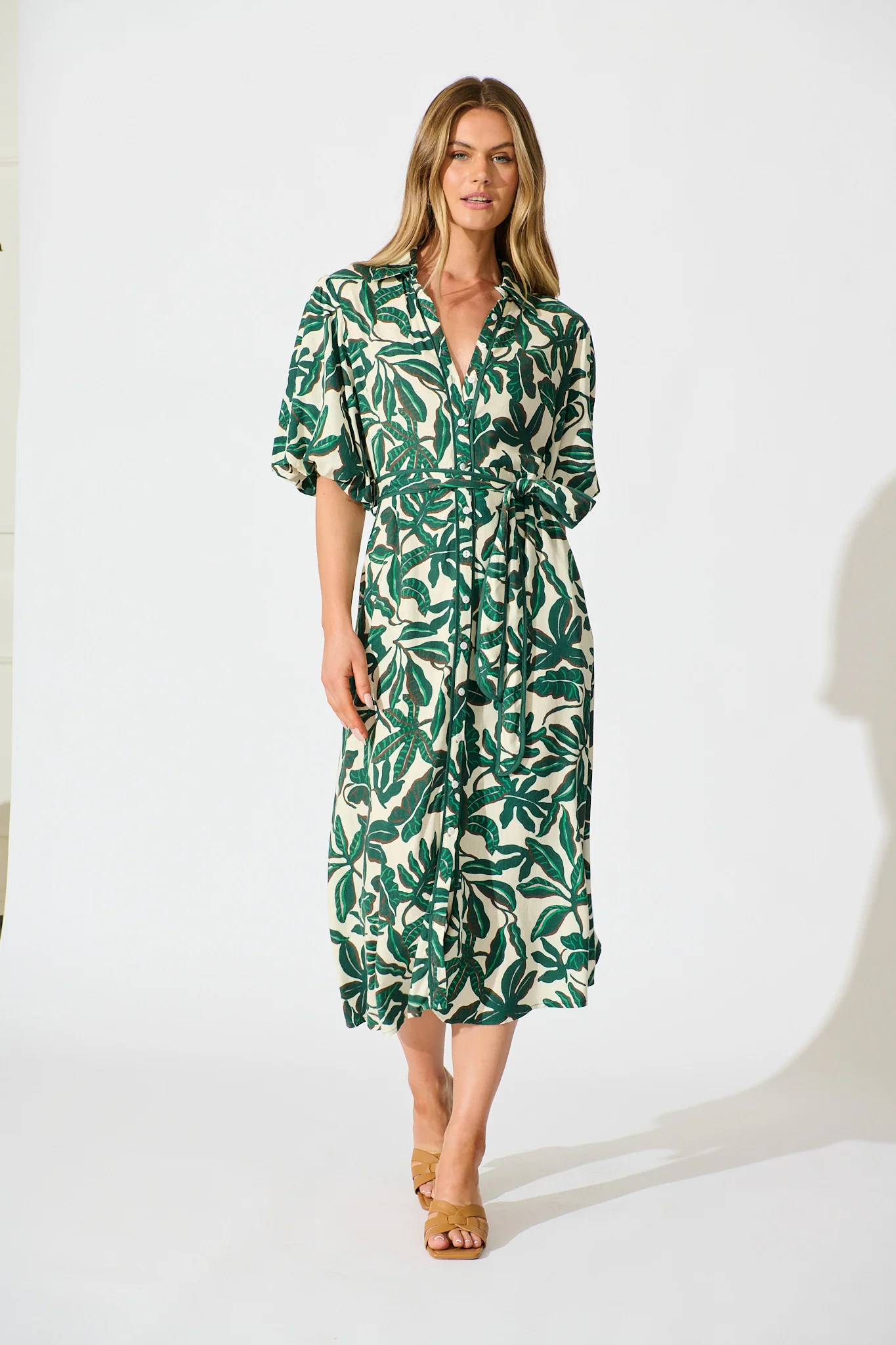 Libra Midi Shirt Dress in Emerald and Cream Leaf Linen Blend