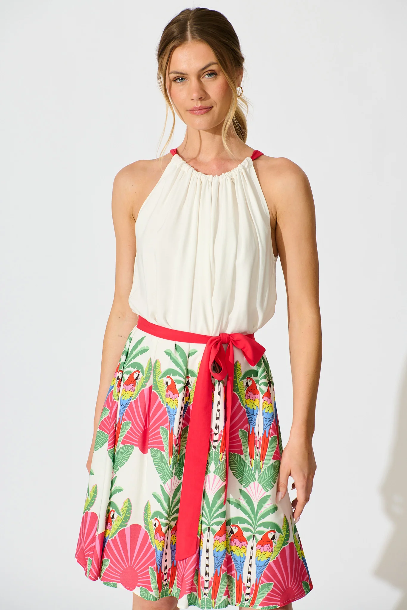 Linley Dress in White with Red Multi Tropical Print - Image 2