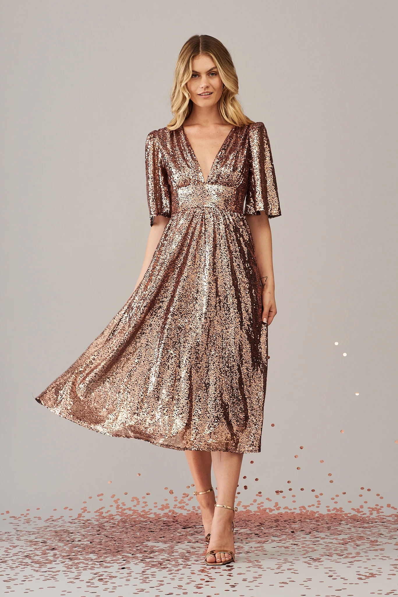 Livorno Midi Dress In Rose Gold Sequin