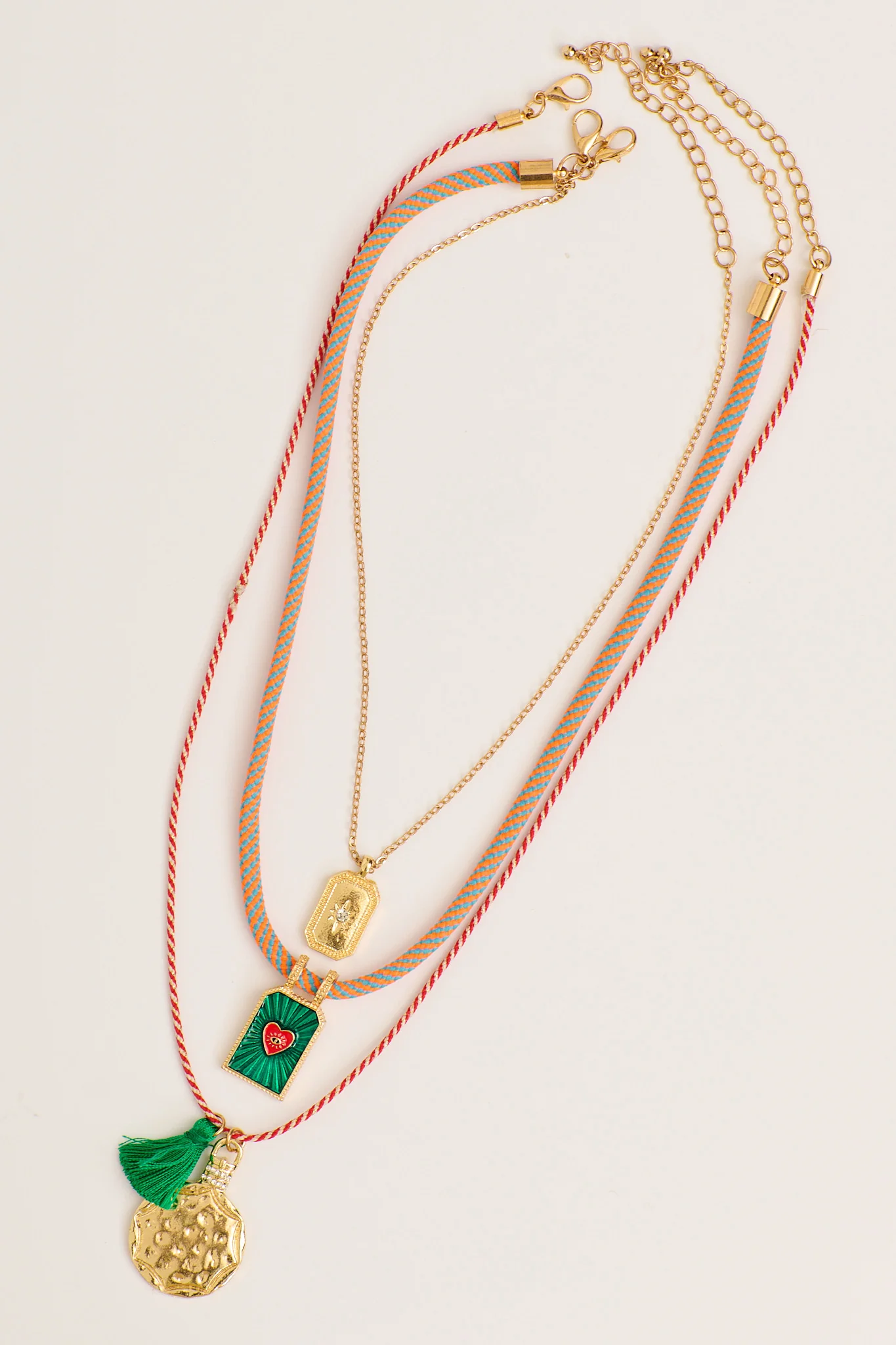 Lola Multi Charm Layered Necklace in Multi Green and Gold