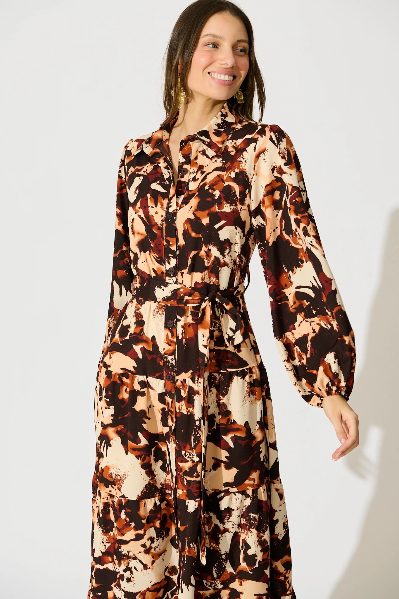 Loop Me Maxi Shirt Dress in Multi Brown Print Satin - Image 2