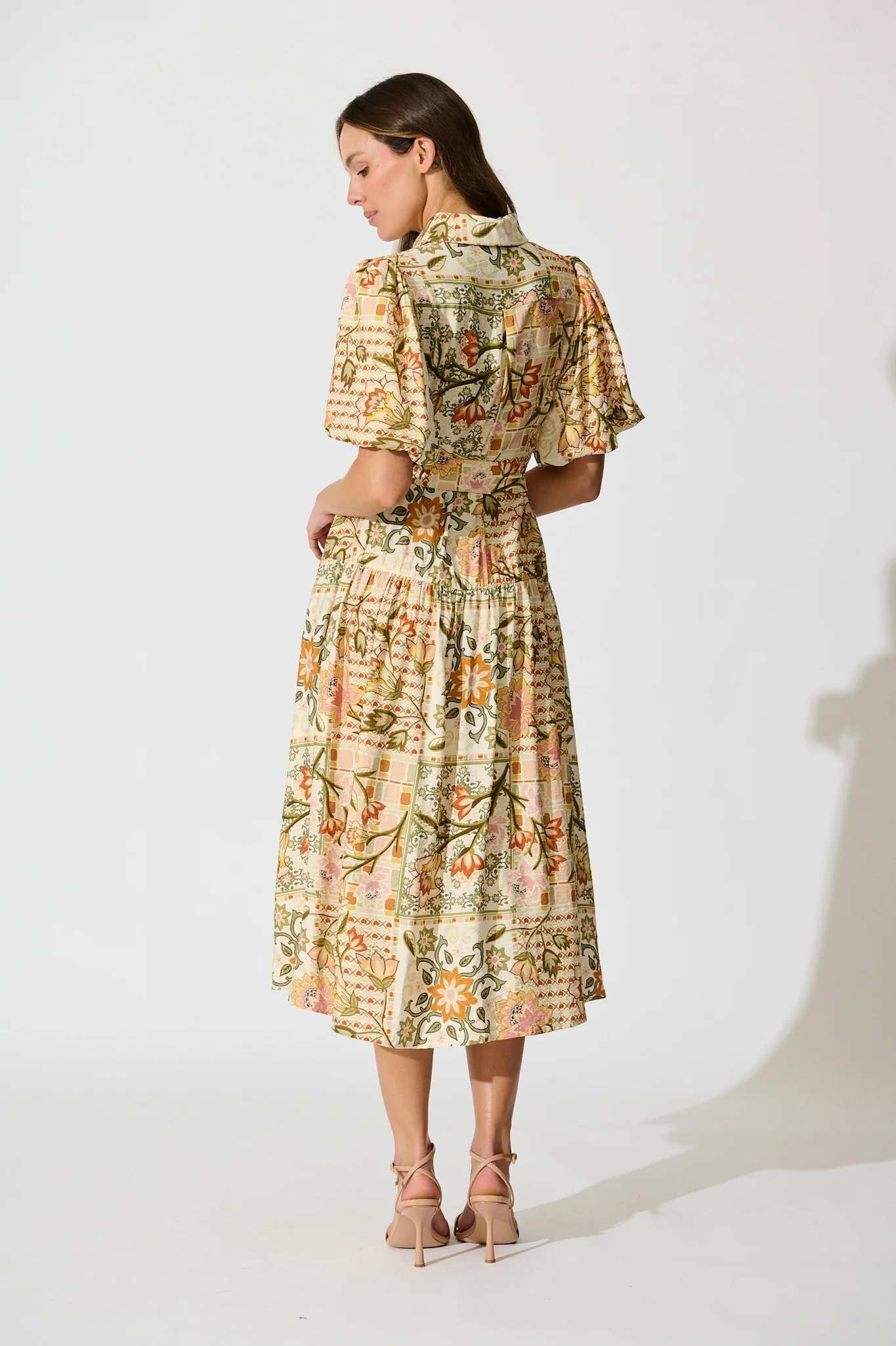 Loralea Midi Shirt Dress in Green with Brown Floral Print - Image 4