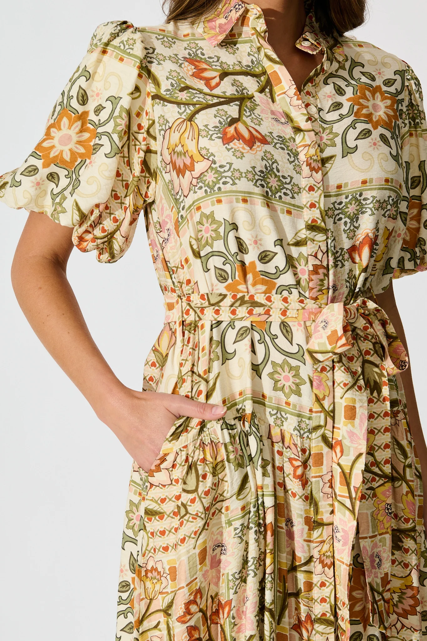 Loralea Midi Shirt Dress in Green with Brown Floral Print - Image 5