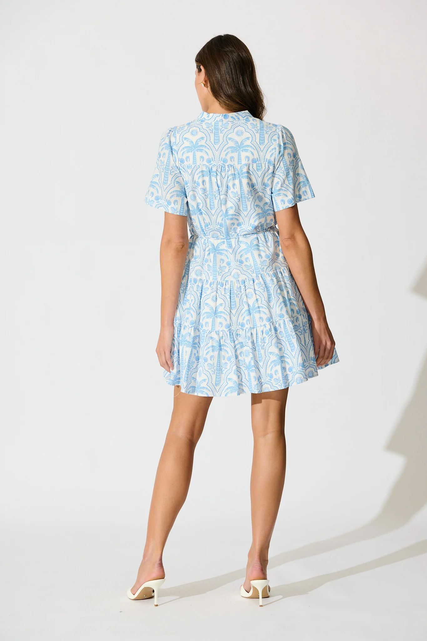 Lorea Dress in White with Blue Tropical Print Cotton - Image 4
