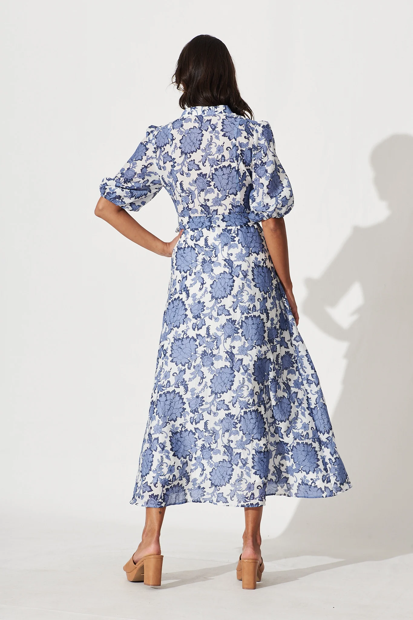 Loriet Maxi Shirt Dress In Blue With White Floral Cotton Blend - Image 4