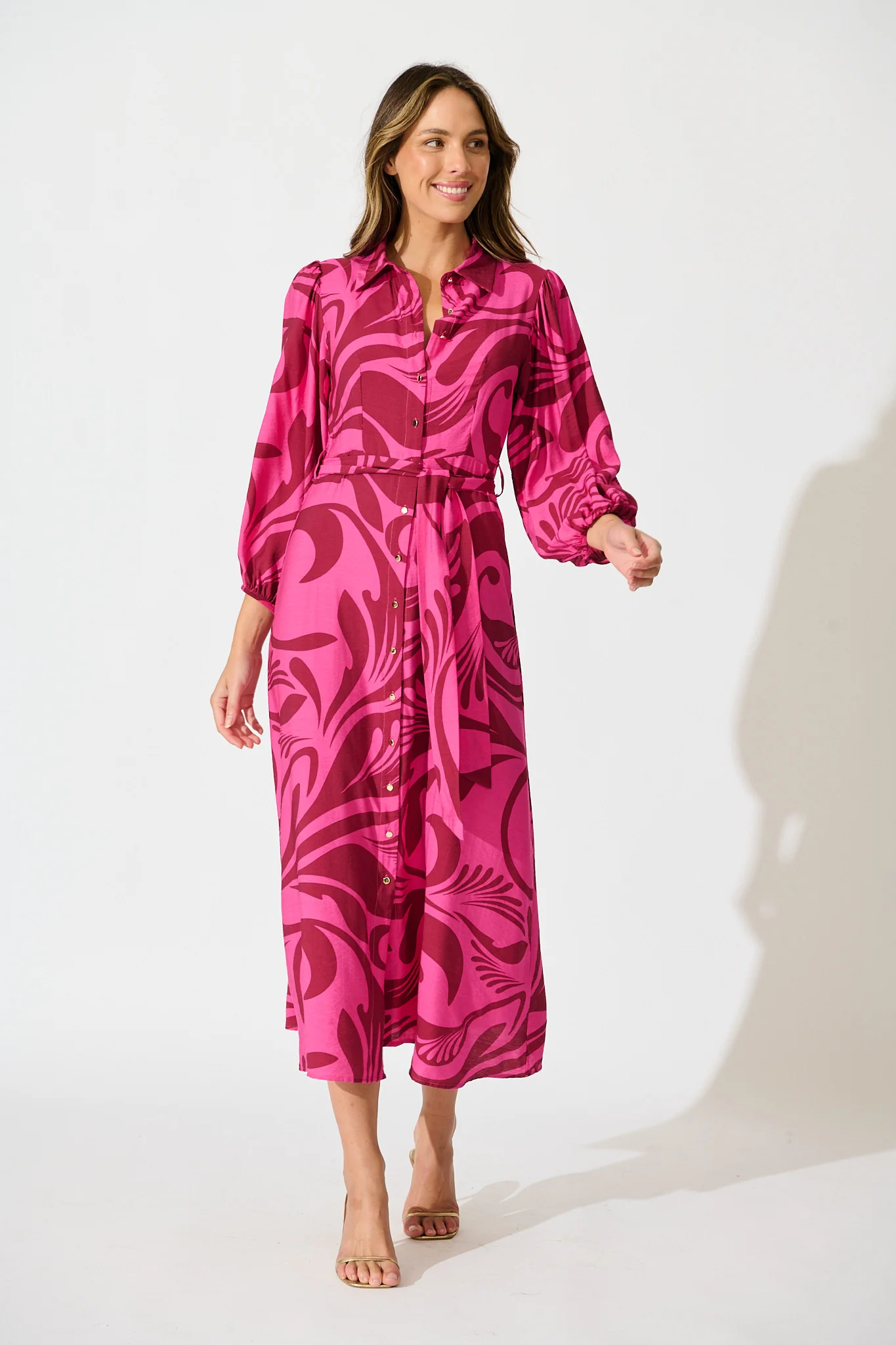 Lorna Maxi Shirt Dress in Pink with Wine Print - Image 2