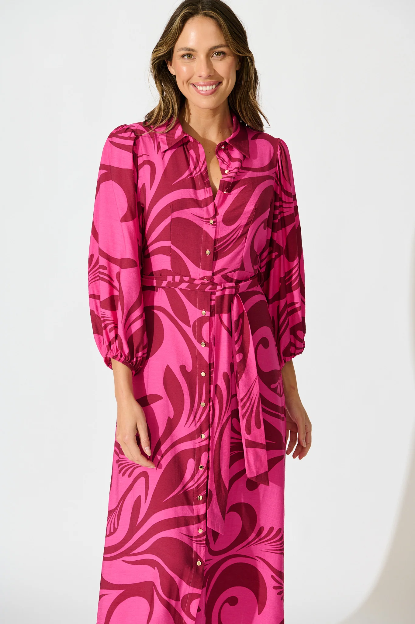 Lorna Maxi Shirt Dress in Pink with Wine Print - Image 6