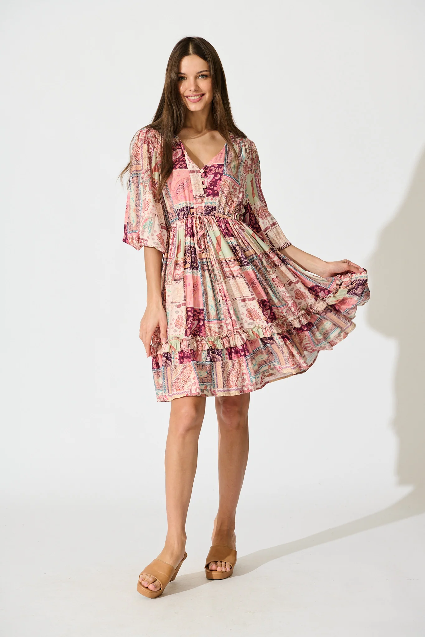 Lotty Dress in Pink with Multi Patchwork Print