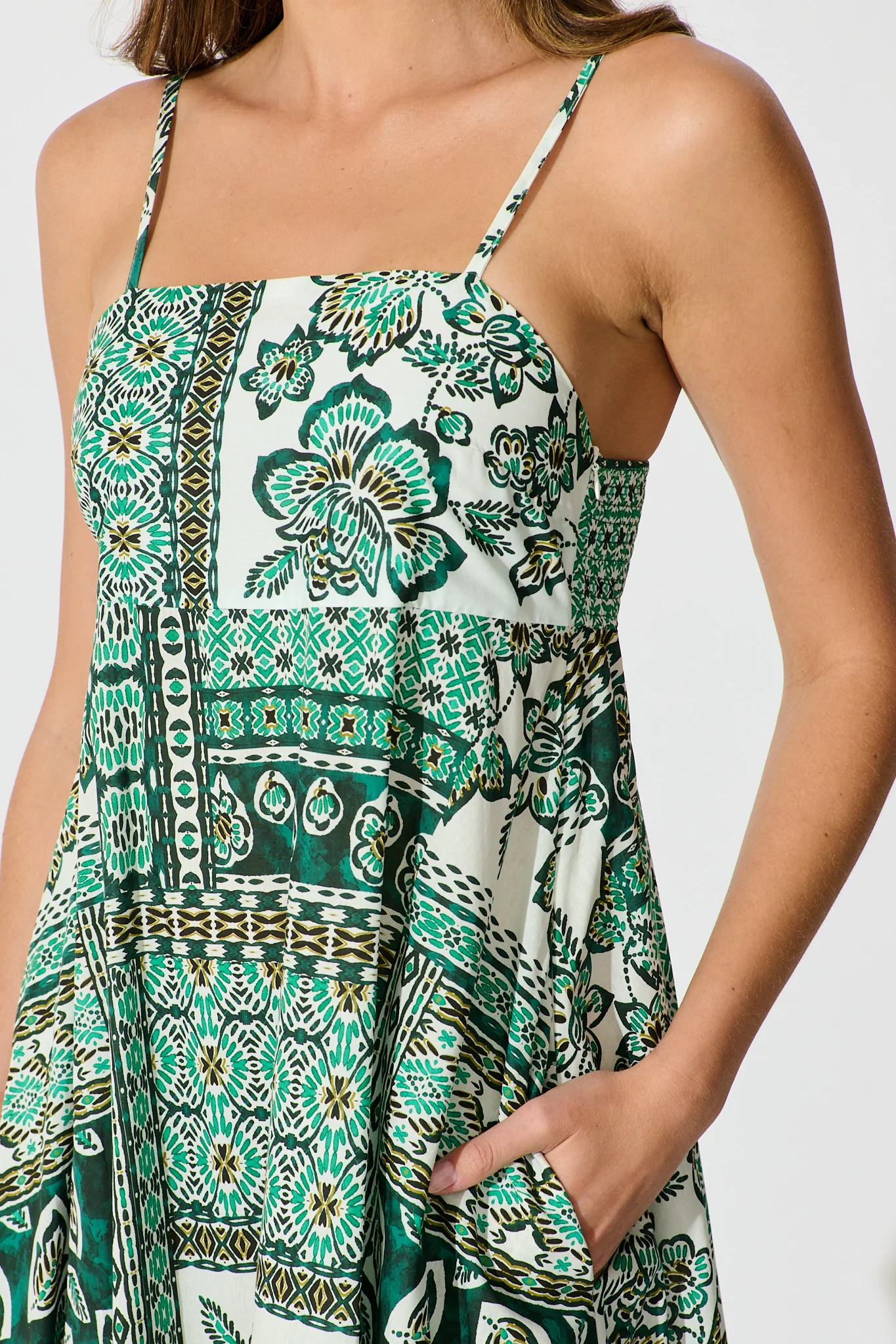 Lova Maxi Sundress in Green and White Patchwork Cotton - Image 5