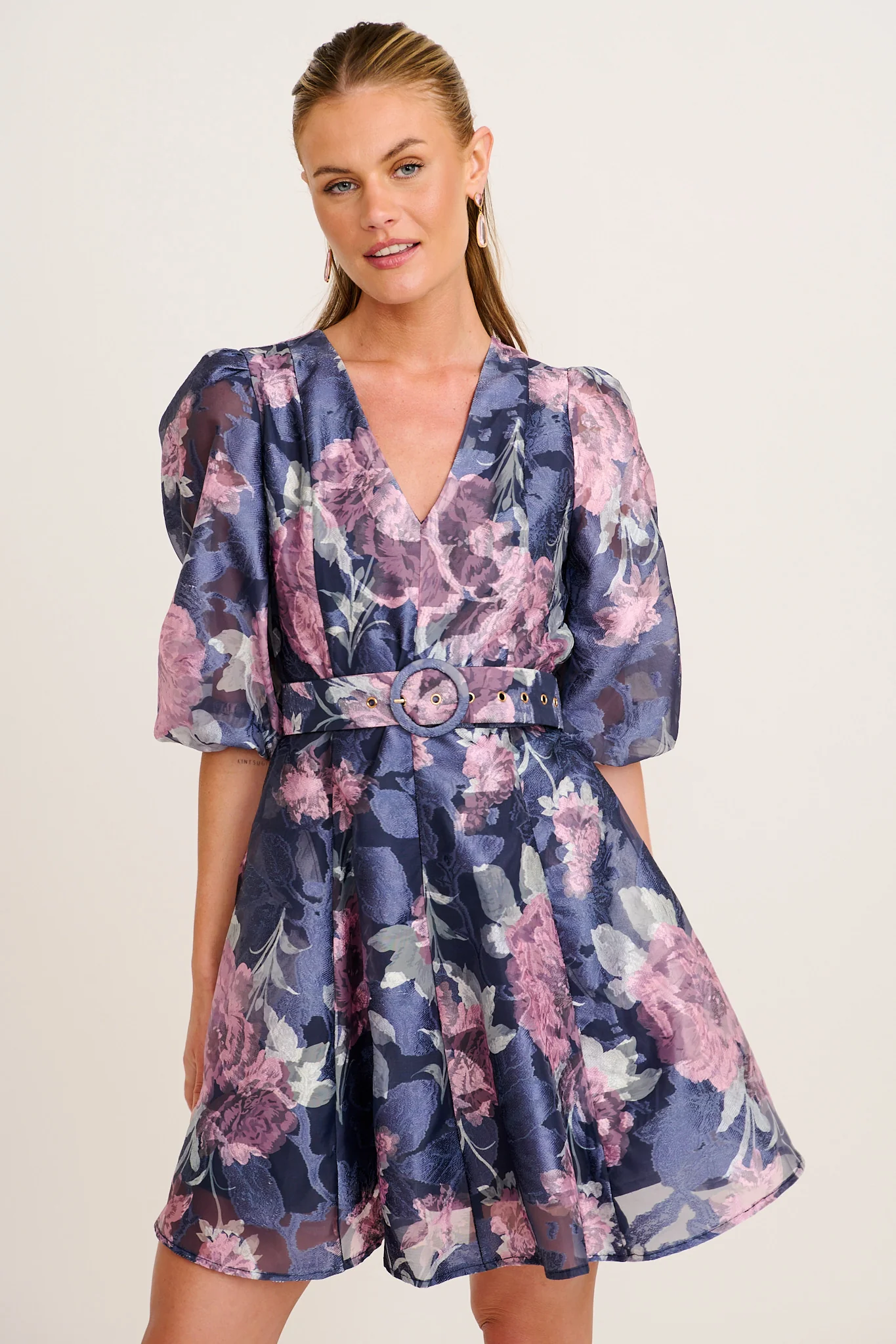 Love Emotions Dress in Navy with Pink Floral Organza - Image 2