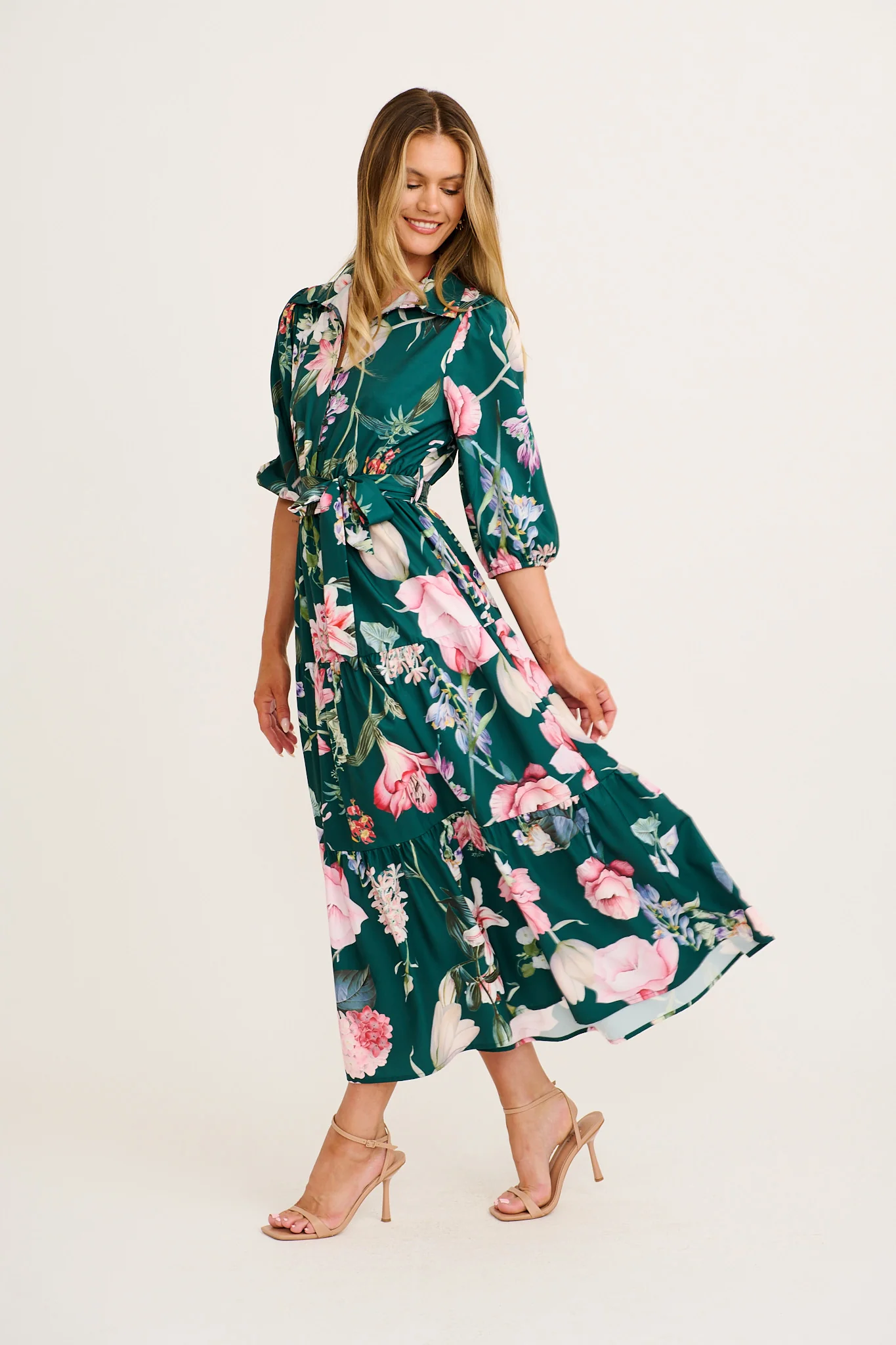 Love Song Maxi Dress in Green with Blush Floral - Image 3