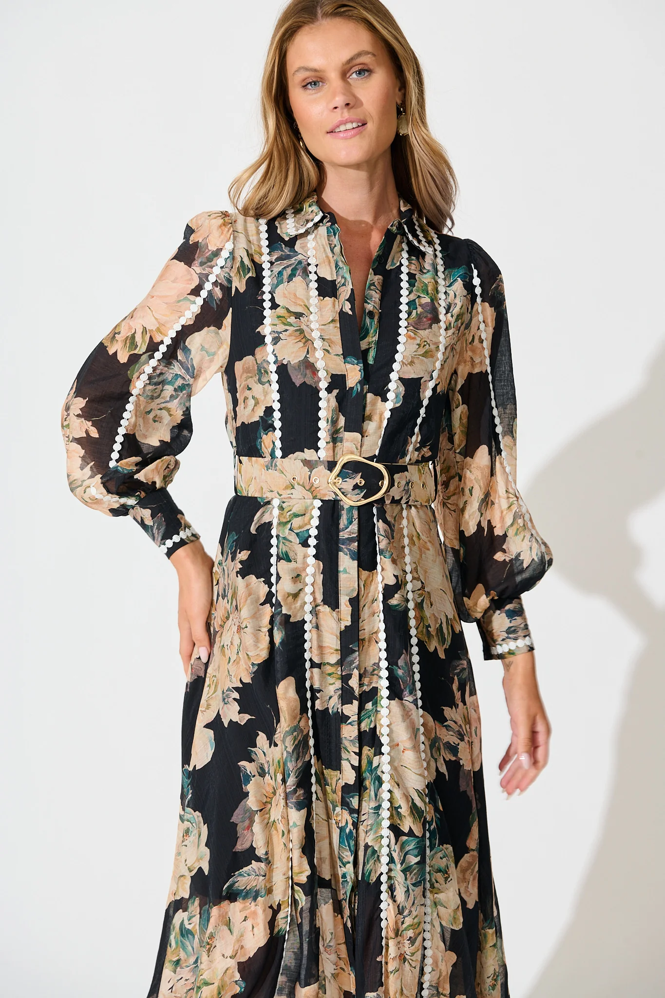 Lovingly Maxi Shirt Dress in Black Floral with Contrast Trim - Image 2