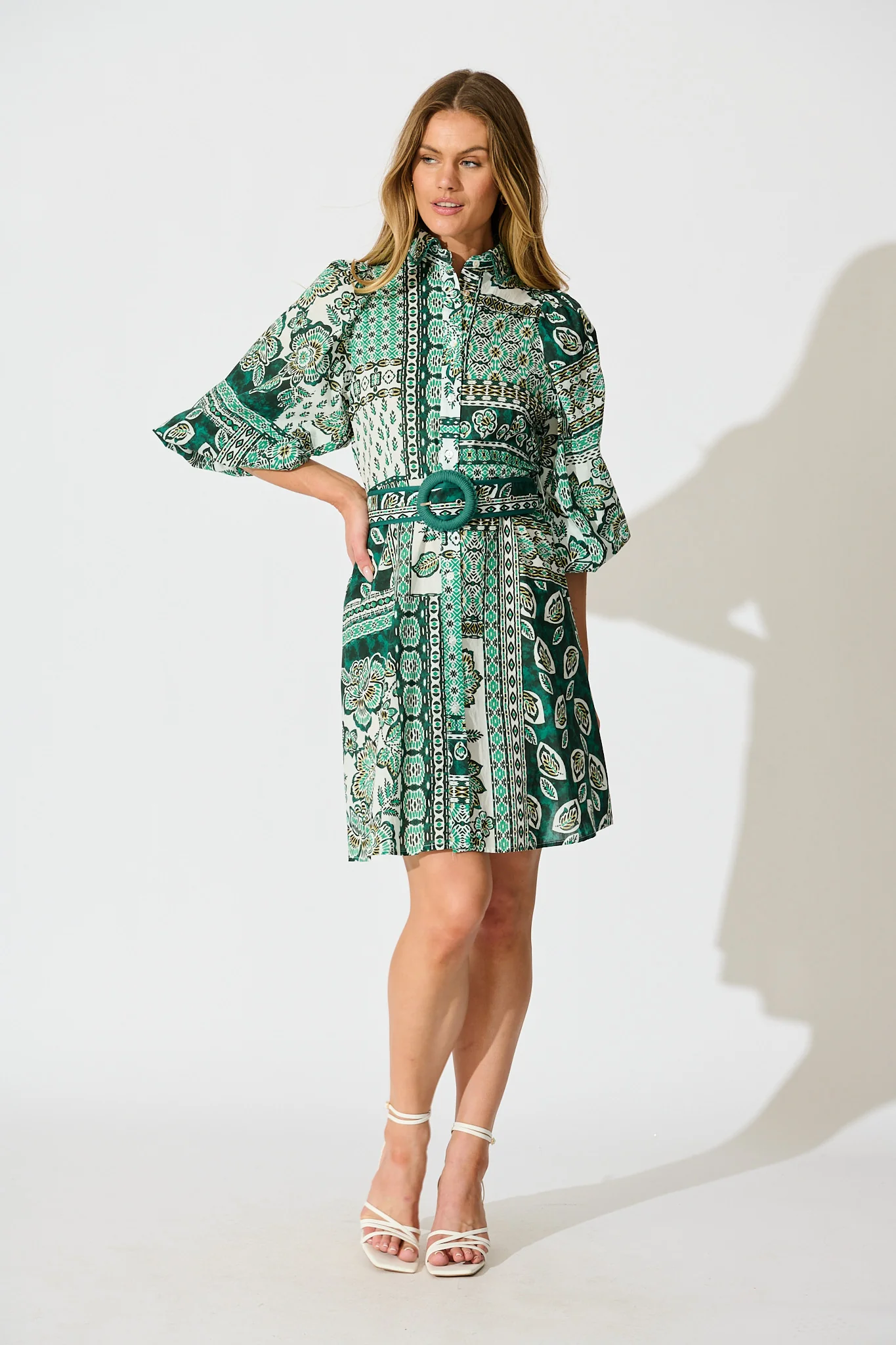 Lovis Shirt Dress in Green with White Patchwork Cotton