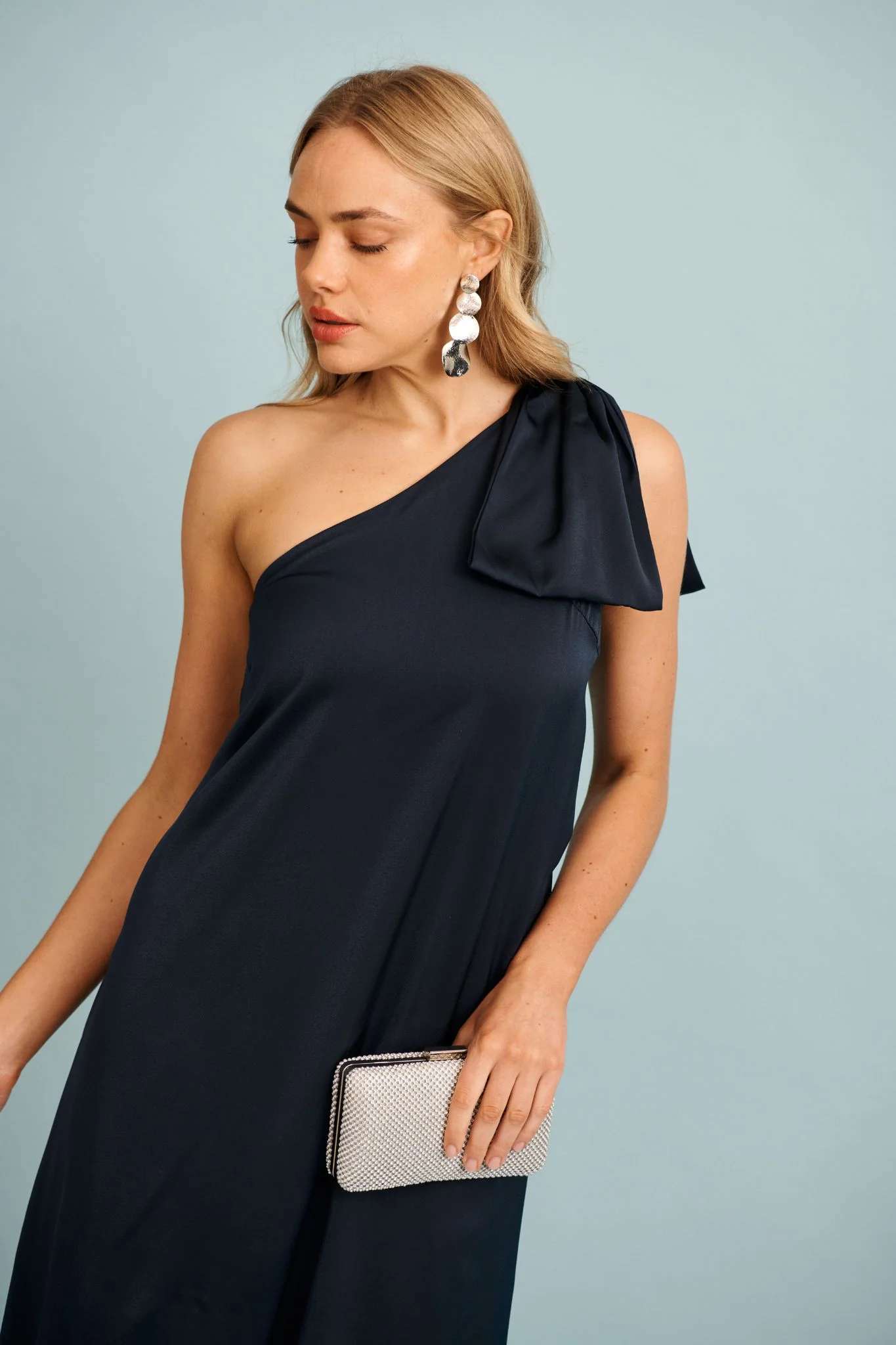 Loyality One Shoulder Maxi Dress in Navy Satin - Image 2