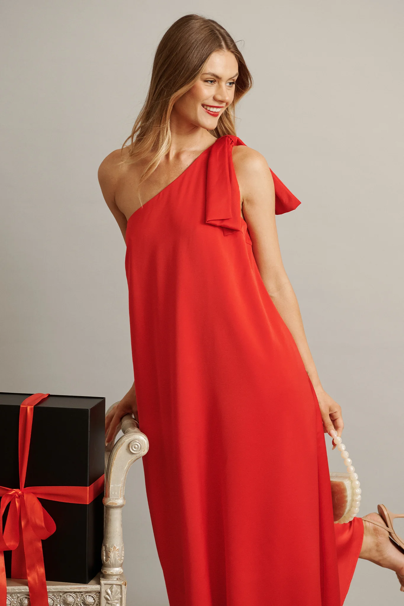Loyality One Shoulder Maxi Dress in Red Satin - Image 2
