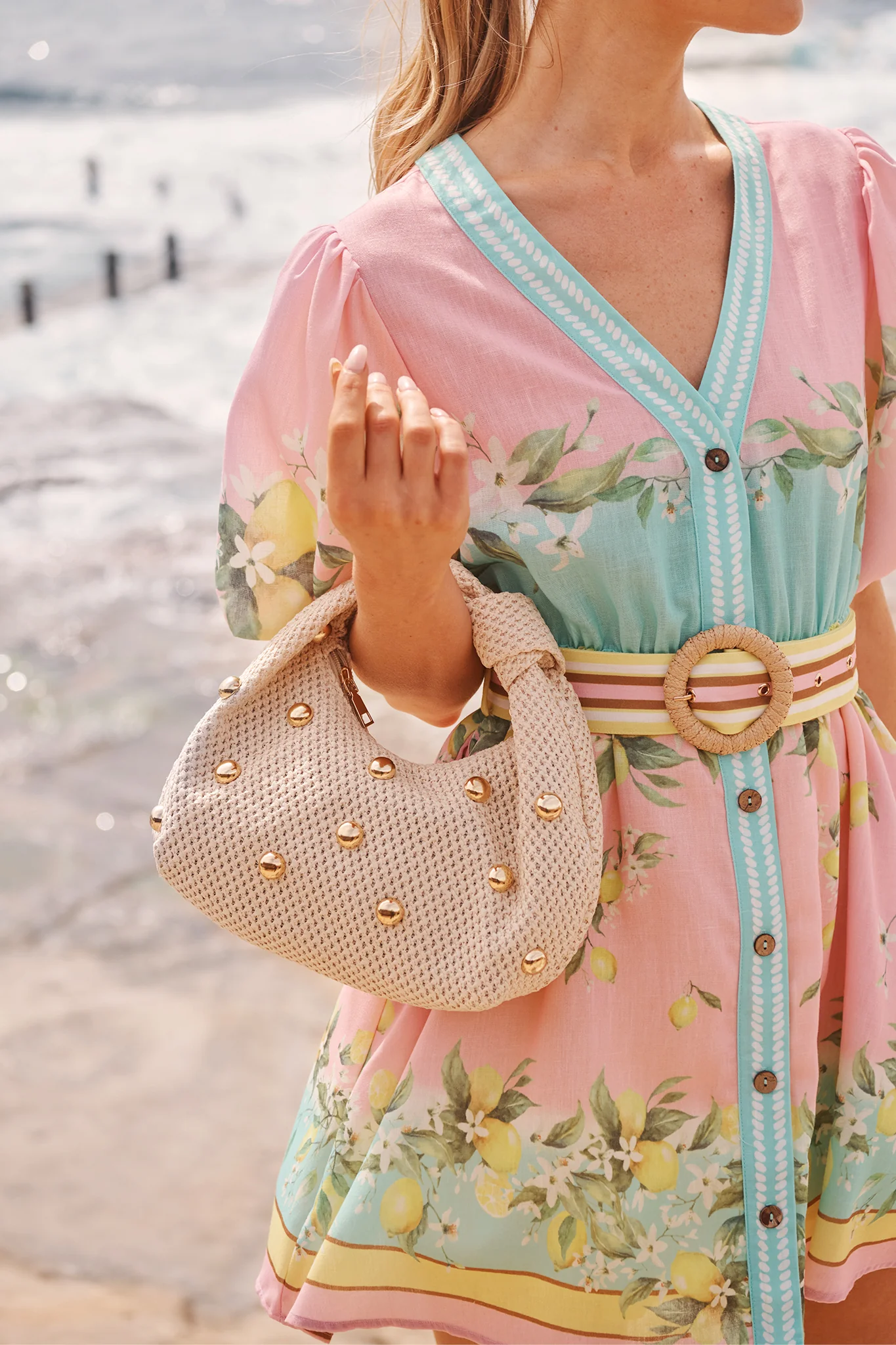 Lucinda Twist Knot Bag in Neutral Woven with Gold Stud