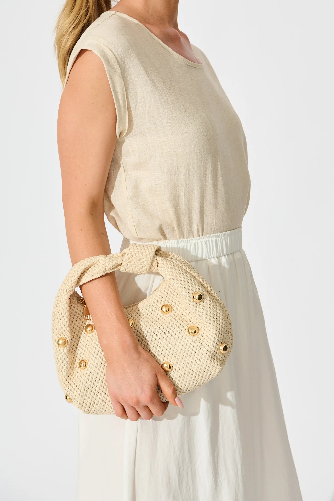 Lucinda Twist Knot Bag in Neutral Woven with Gold Stud - Image 7