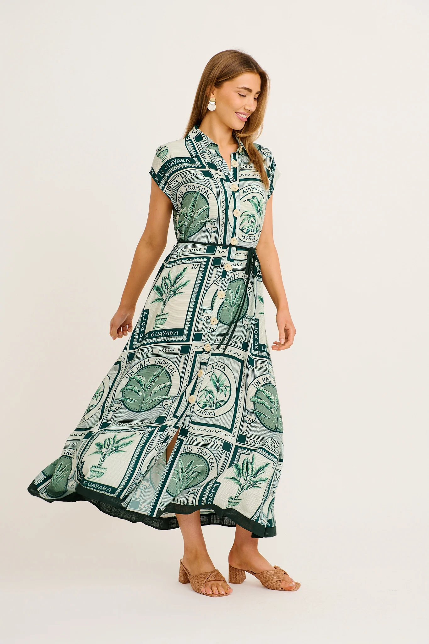 Lucky One Midi Shirt Dress in Green Tile Print - Image 3