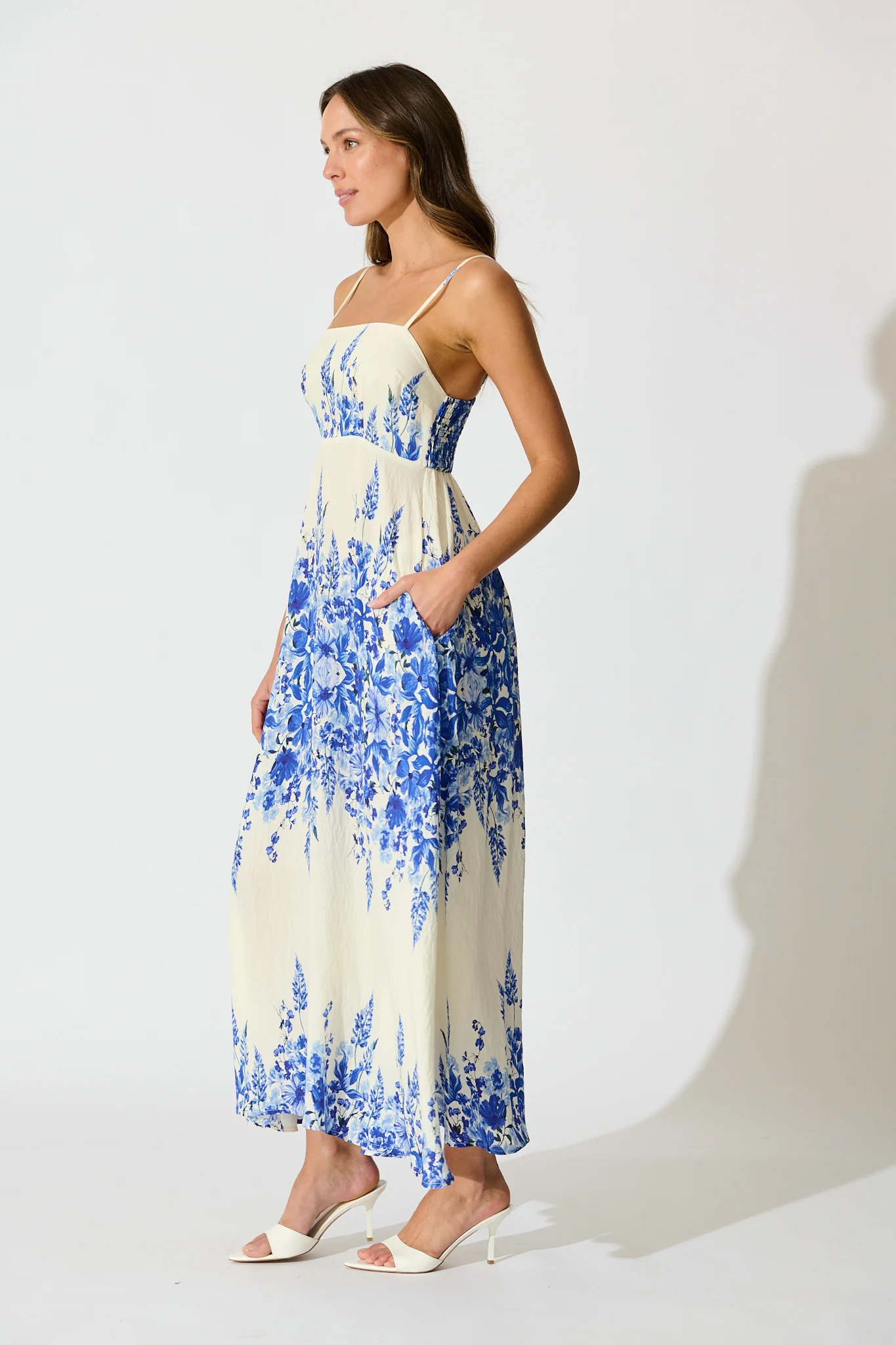 Lulea Maxi Sundress in White with Blue Floral Linen Blend - Image 3
