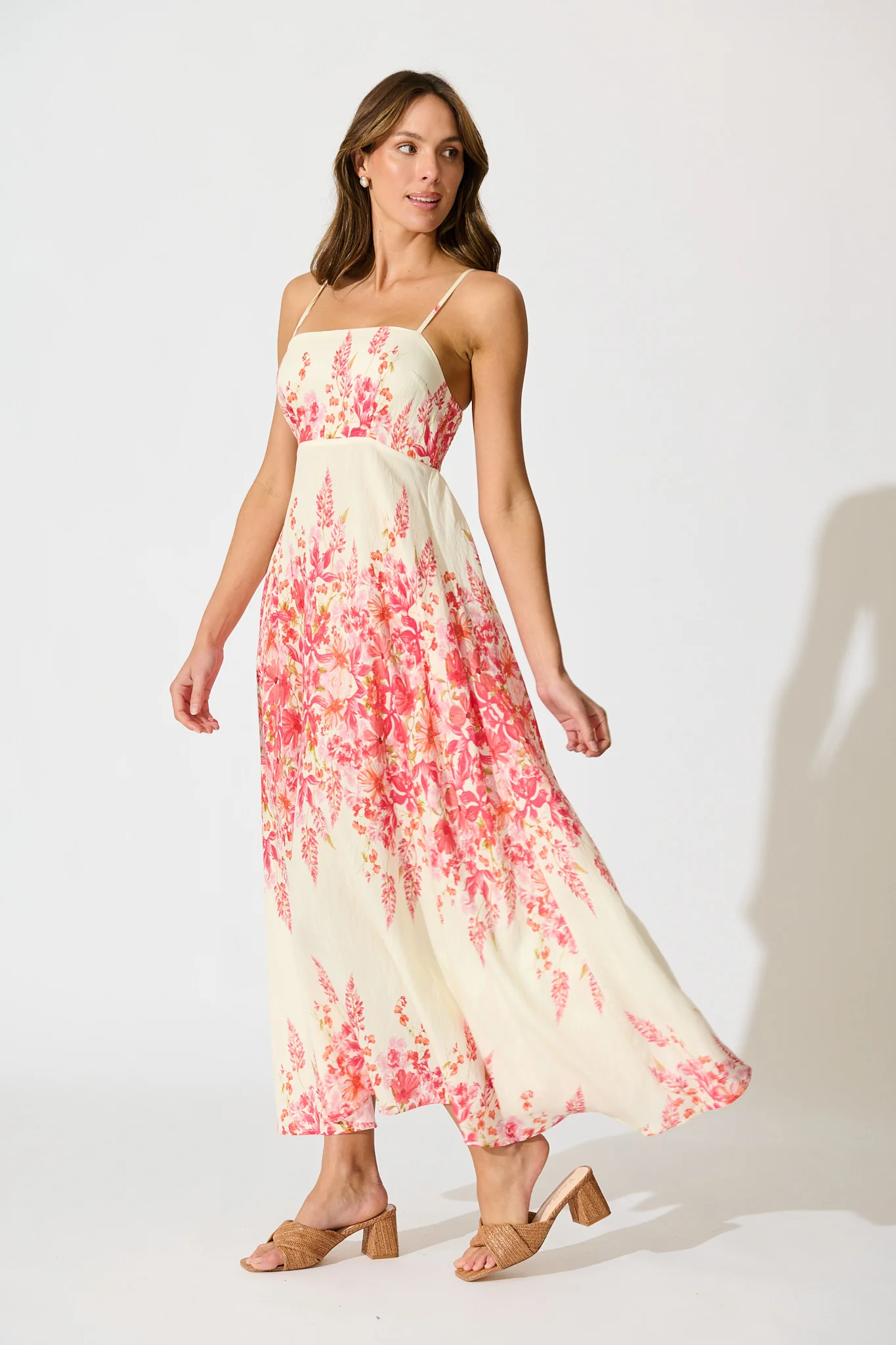 Lulea Maxi Sundress in White with Pink Floral Linen Blend - Image 3